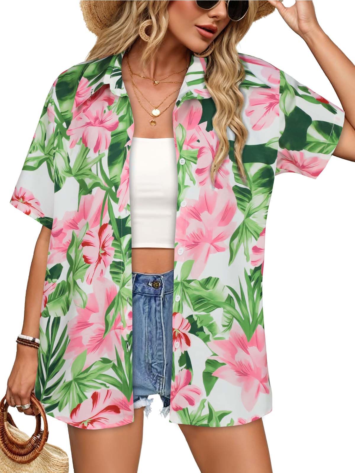 Gosunny Camicia hawaiana da donna, estiva, tropicale, hawaiana, floreale, a maniche corte, da spiaggia, con bottoni