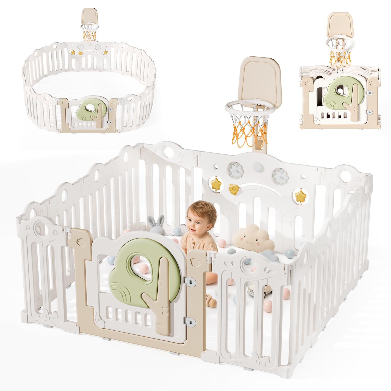 Laufstall Baby Faltbar 150x150, Groß Laufgitter Baby mit Mini-Basketballkorb, XXL Tragbar Playpen mit Tür für Babys&Kleinkinder, Montessori Spielboard&Babyzaun Kunststoff für Innen&Außen