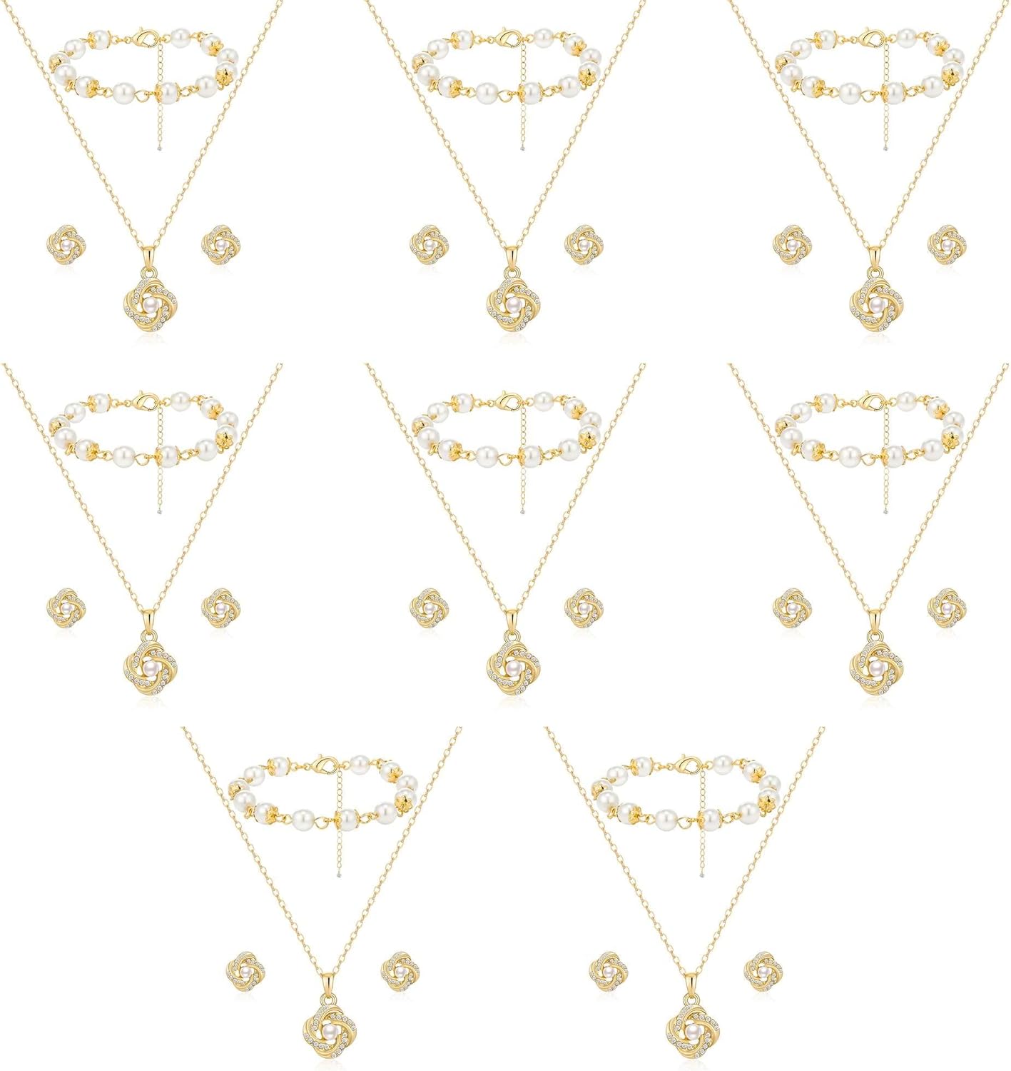 Bridesmaid Jewelry Set Gift For Wedding 1-4-6-8 Sets 18k Gold/Rose Gold/Silver Plated Love Knot Pave Rhinestone With Pearl Necklace Earrings Bracelet Set for Women