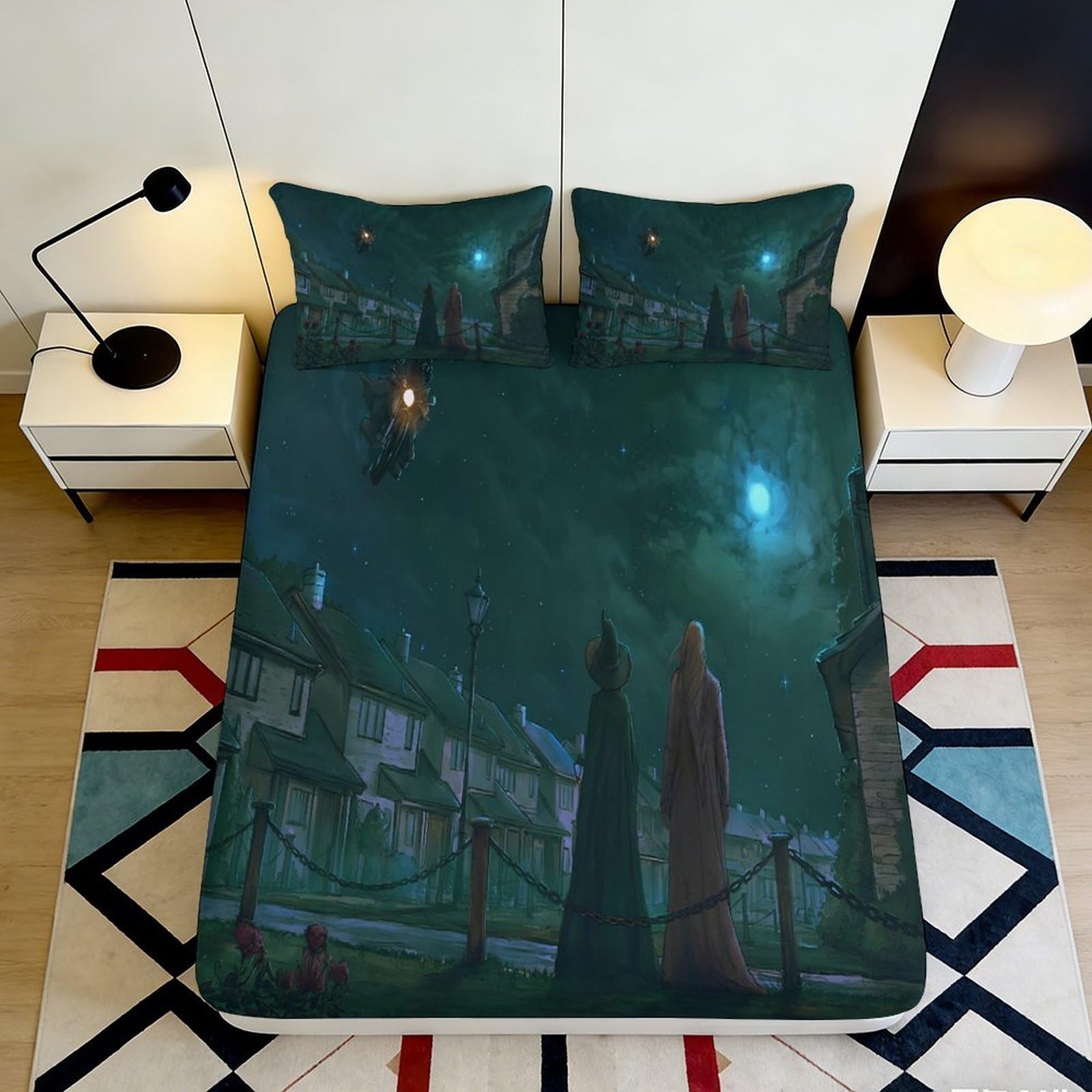 Pnayamiorkfel Style-5 3D Printed Night Village Fitted Sheet Microfiber Soft Breathable Wizard Sky Bed Cover For Bedroom Dorm Decor 90X200x25cm