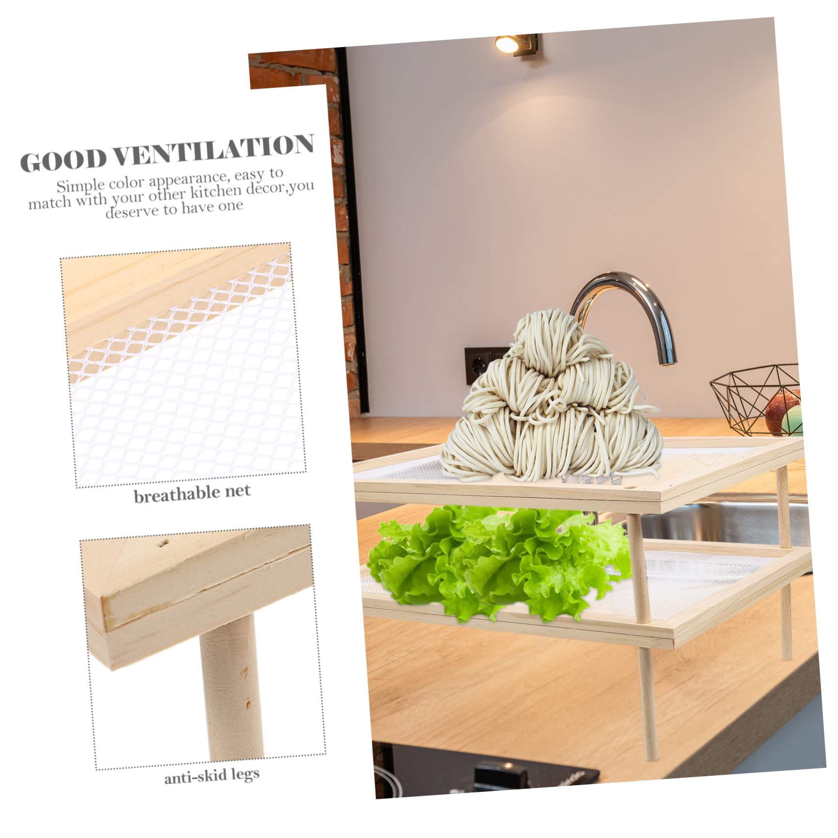 Mikinona Essiccatoio per Pasta e Verdure in Legno Doppio Strato Rete Traspirante, Supporto Porta Spaghetti per Uso Domestico, Ventilato e Igienico, Adatto a Cucina e Negozi Alimentari