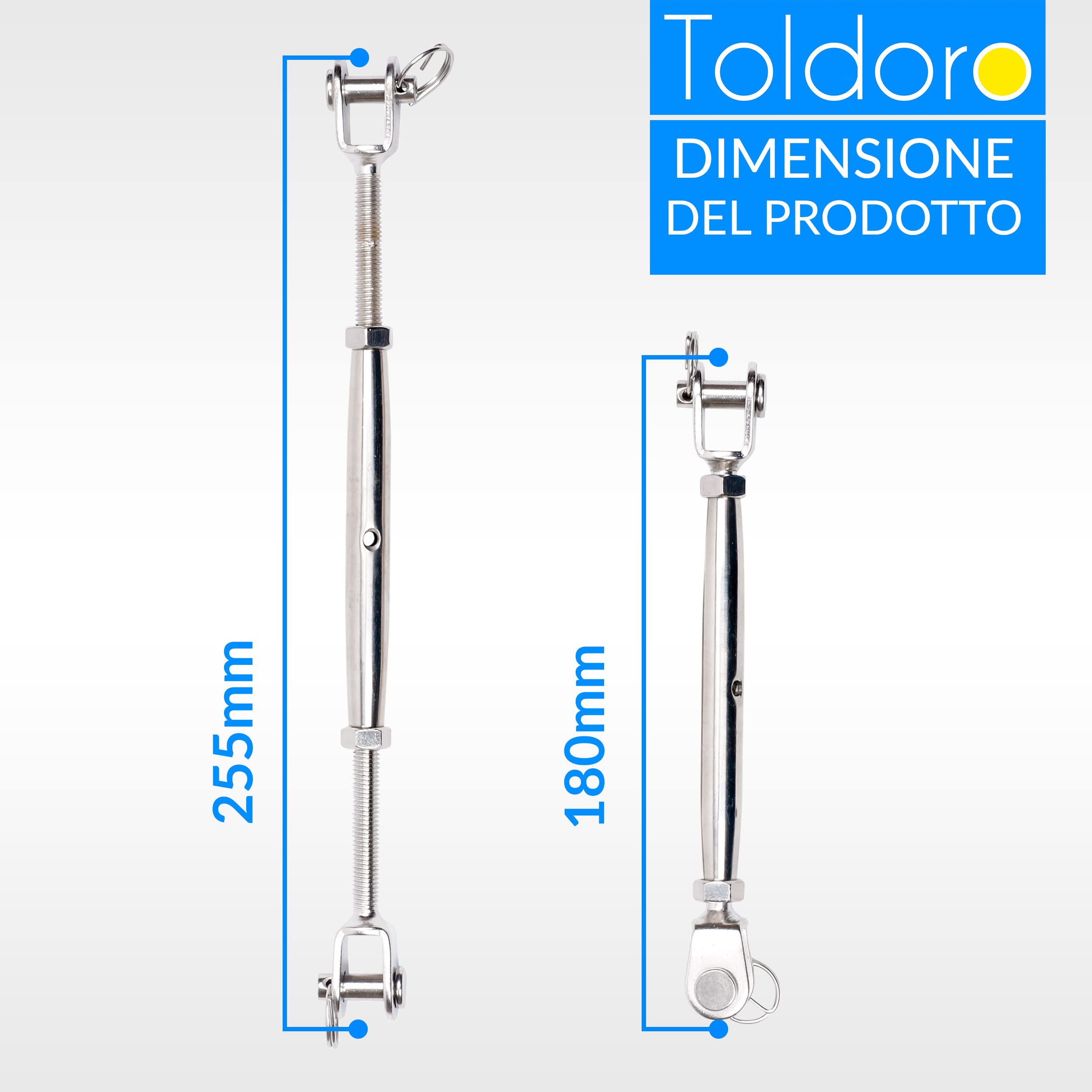 Toldoro, 4 tenditori M8 in acciaio inox, gancio, tirante per sartiame, tendicinghia a doppia forcella per fune, per tendone e barca a vela, forma chiusa