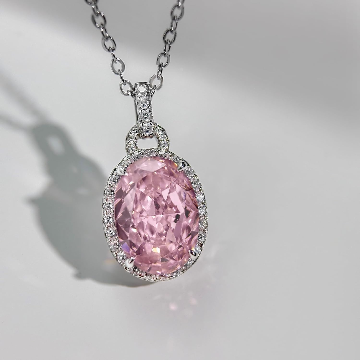 925 Sterling Silver Oval Pink Gemstone Necklace for Women Cubic Zirconia Halo Pendant Trendy Birthstone Jewelry Gift - Image 2