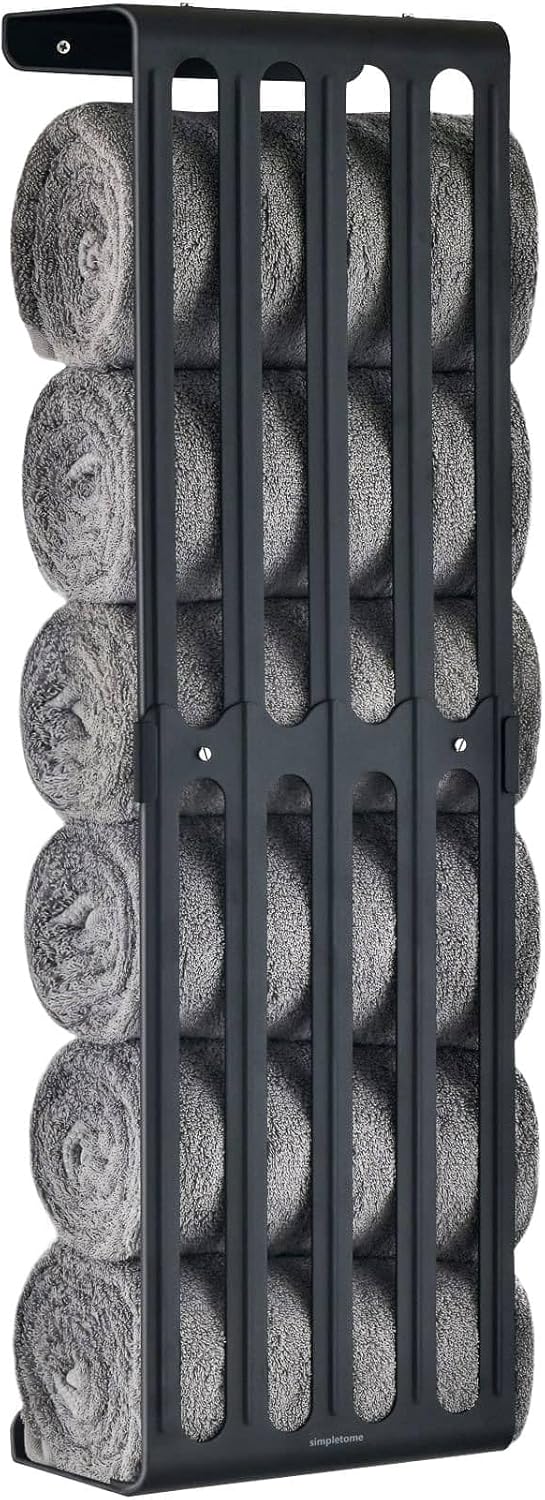 simpletome Towel Storage Rack Adjustable Height Wall Mount Bathroom Shelf Organizer Carbon Steel (Matte Black)