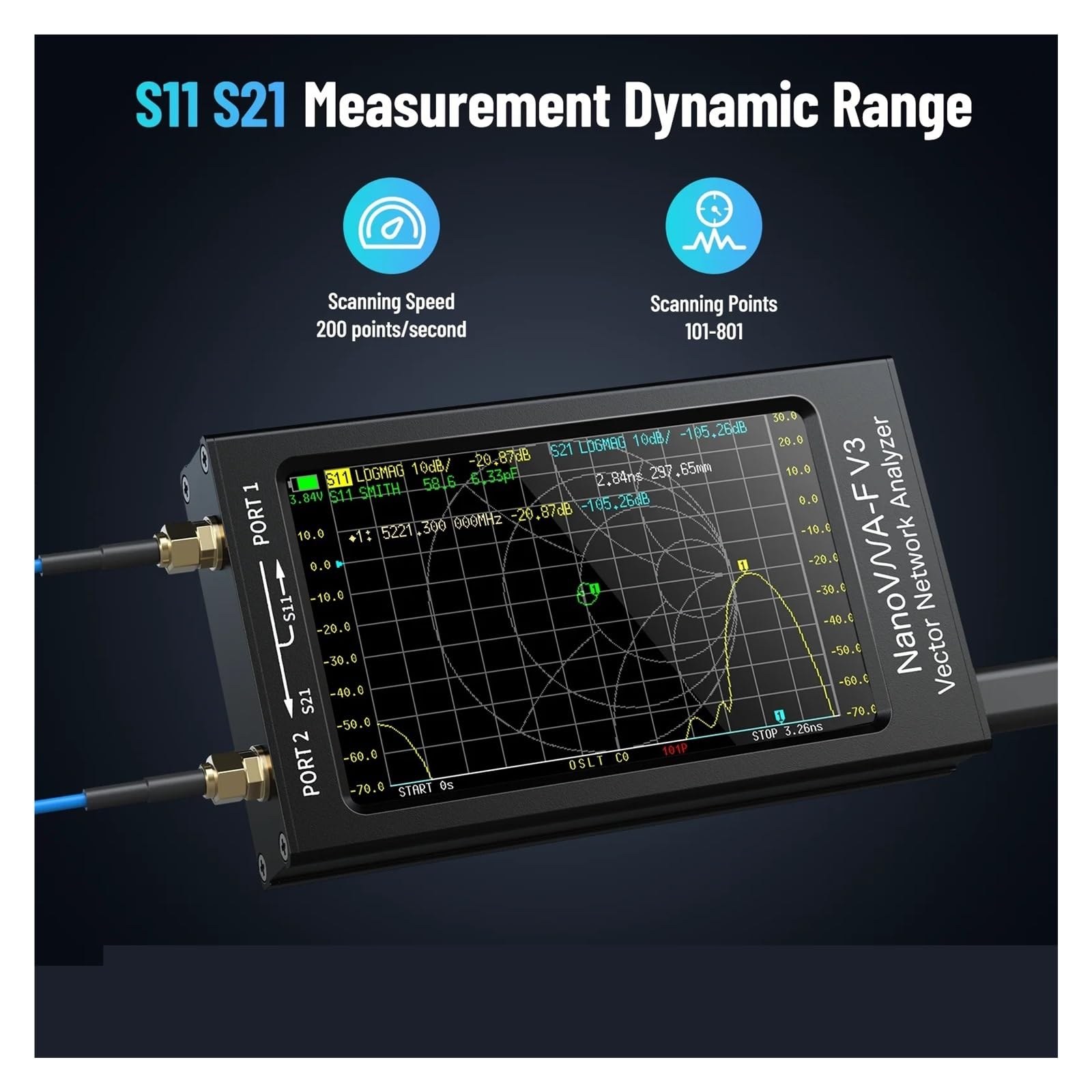 Analizator sieci 4,3-calowy wektorowy analizator sieci NanoVNA-F V2/V3 50 kHz-3 GHz/1 MHz-6 GHz HF VHF UHF VNA anten 801 punktów skanowania do diagnostyki kabli sieciowych(NanoVNA-F V2)