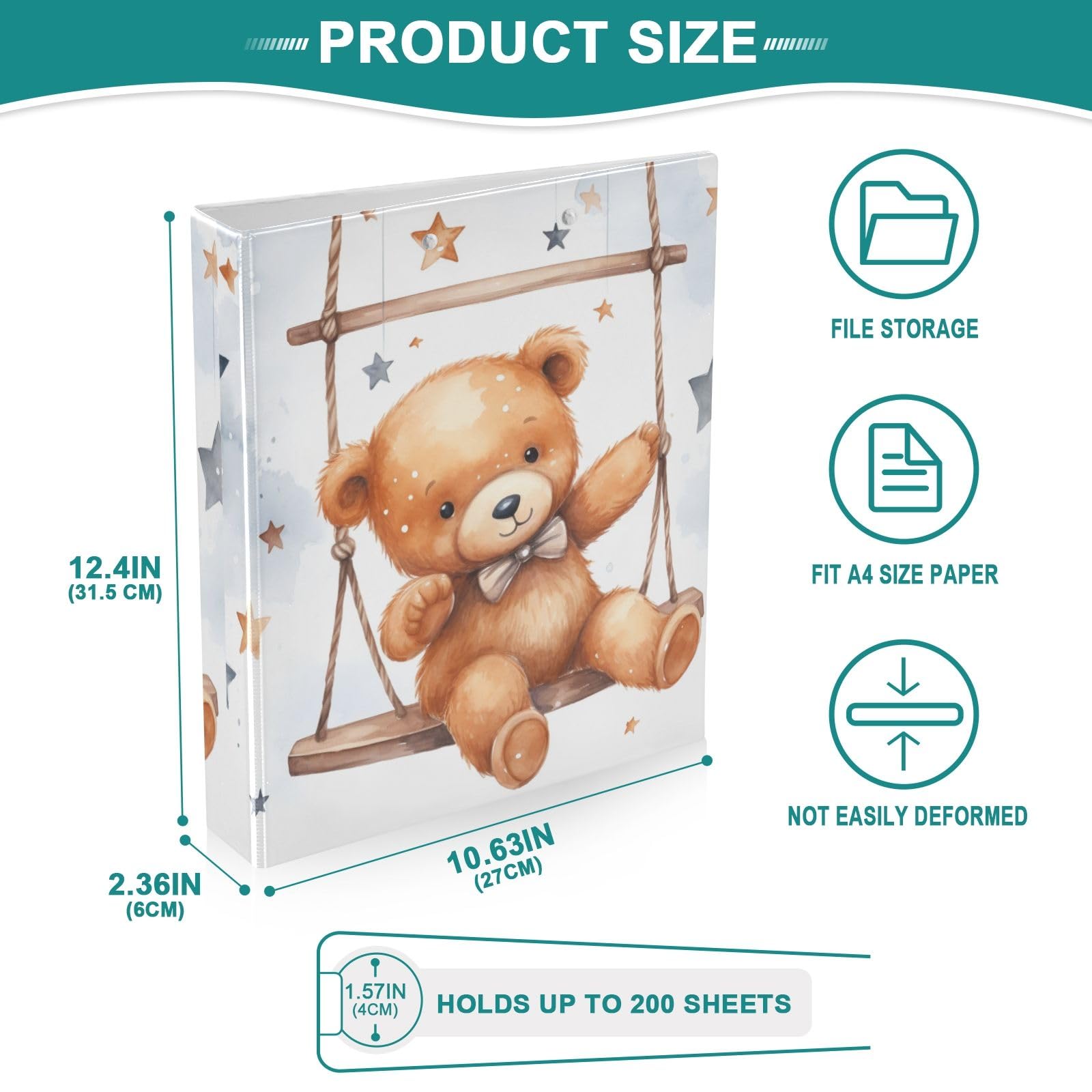 Bear on The Swing, raccoglitore a 3 anelli, 3,8 cm, contiene 200 fogli con 3 tasche interne trasparenti in PVC, per scuola e ufficio
