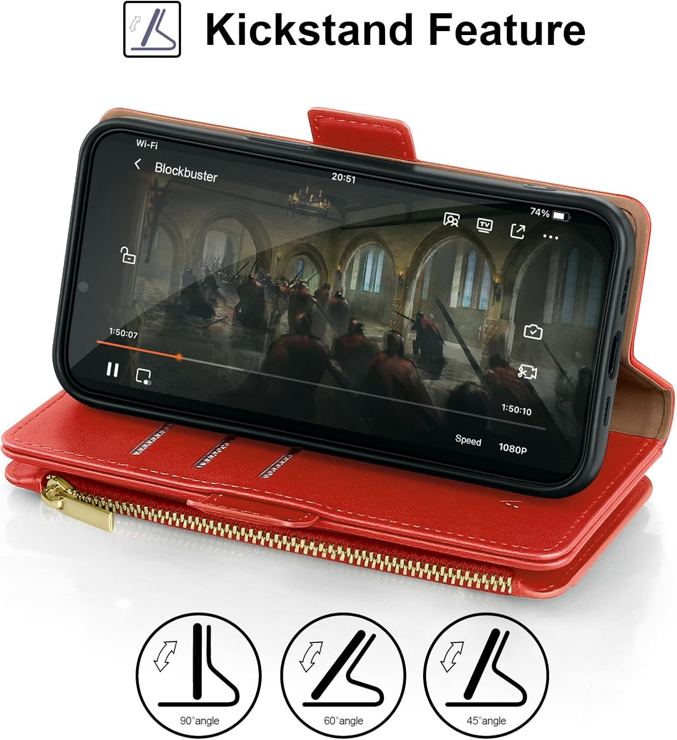 Antsturdy Compatible with iPhone 16 Pro Max Wallet Case,RFID Blocking PU Leather Phone Case Women Men Kickstand flip Cover Wrist Strap Zipper Credit Card Holder Slots for Apple 16 ProMax,Red