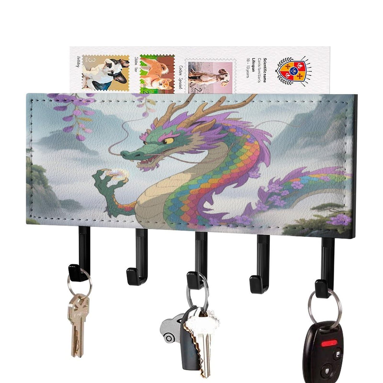 Vstadank Black-Style Rainbow Scaled Eastern Dragon Key Holder Wall Mount With 5 Key Hooks Hangers For Wall Decorative Pu Mail Rack Organizer With Shelf Wall Mounted Key Rack With Hooks For Entryway