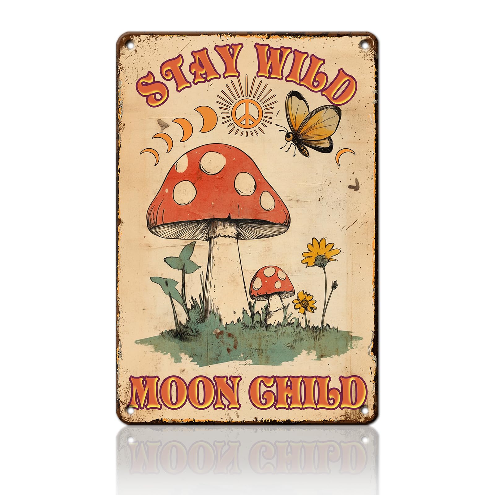 Anceky Stay Wild Moon Child Mushroom Tin Sign Funny Metal Sign Retro Wall Decor for Cafe Kitchen Home Yard Garage 12×16 Inch