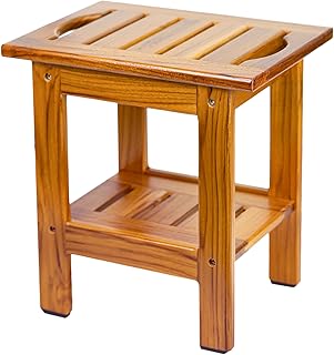 Utoplike Teak Shower Stool, Compact Shower Bench with Shelf & Handle, Foot Rest for Shaving Legs, 2-Tier Small Wooden Bath Seat with Non-Slip Feet for Bathroom, Bathtub, or Outdoor Use