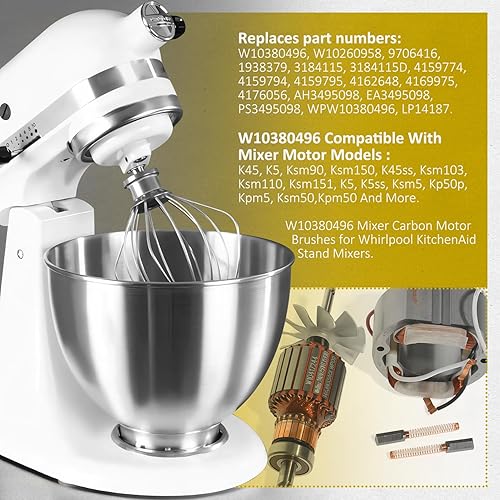Miniatura 2 de HASMX W10380496 Cepillo de motor de carbono para mezclador Kitchenaid modelos K45, K45SS, KSM103, KSM110, KSM150, KSM151, K5, K5SS, KSM5, KP50P,