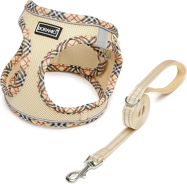 DORAMIO Step-in Dog Harness and Leash Set, Soft Mesh No-Chock Reflective Breathable Easy Walk Escape Proof Vest Harnesses with Safety Buckle for Small Medium Dogs, Cats, Puppies (Beige, XXS)
