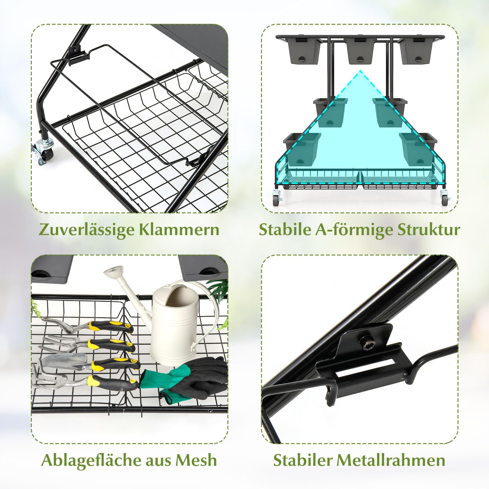 RELAX4LIFE Blumenständer, Pflanzenständer mit 7 Pflanzkästen, Blumentreppe mit 2 Körben, Hochbeet aus Metall und PP, freistehendes Pflanzenregal mit Rädern für Balkon, Garten, Terrasse, Schwarz