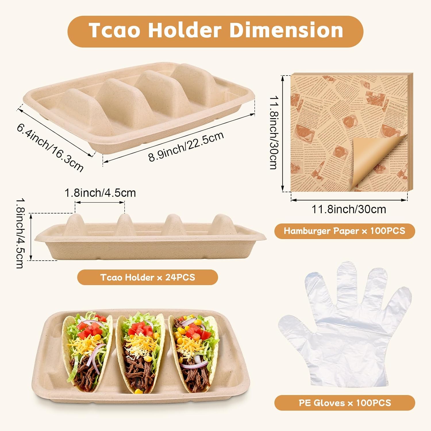 24Pcs Disposable Taco Holders with 100 Liners and 100 Gloves, Heavy Duty Natural Fiber Taco Plates, 3 Compartment Taco Trays for Taco Bar Party Supplies, Fiesta Decorations