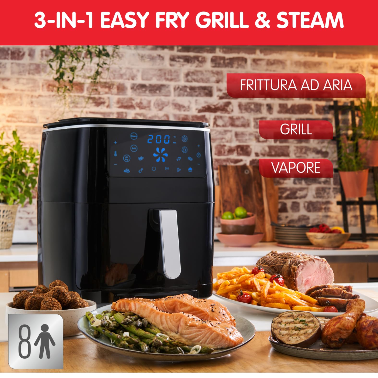 Easy Fry Grill & Steam, 3 in 1, Friggitrice ad Aria + Griglia + Vaporiera, 7 Programmi Automatici, Temperatura Regolabile, Capacità 6.5 L, Timer AL2018