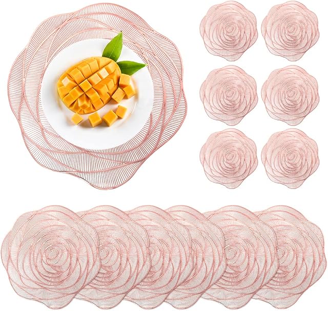 Olrla Rose Flower Placemats and Coastes Set of 6, Rose Gold Vinyl Round Placemats Morden Home Restaurant Wedding Table Decoration (Big Rose)
