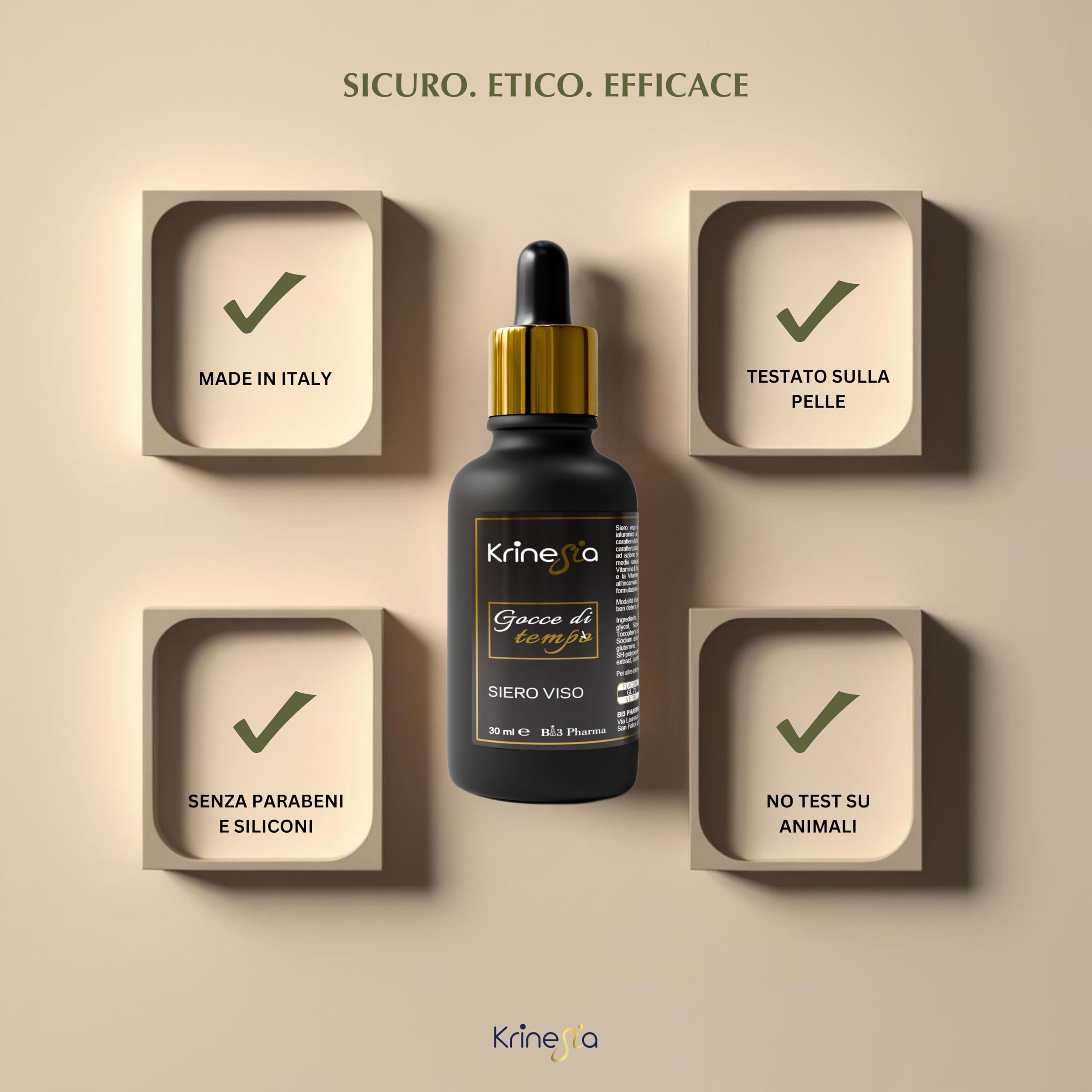 Krinesia Gocce di Tempo Hyaluronsäure Gesicht | Anti-Aging Hyaluronsäure Gesichtsserum mit Vitamin C, Bioplacenta und Botox-like® Proteinen | Feuchtigkeitsspendend, straffend, Made in Italy - 30 ml