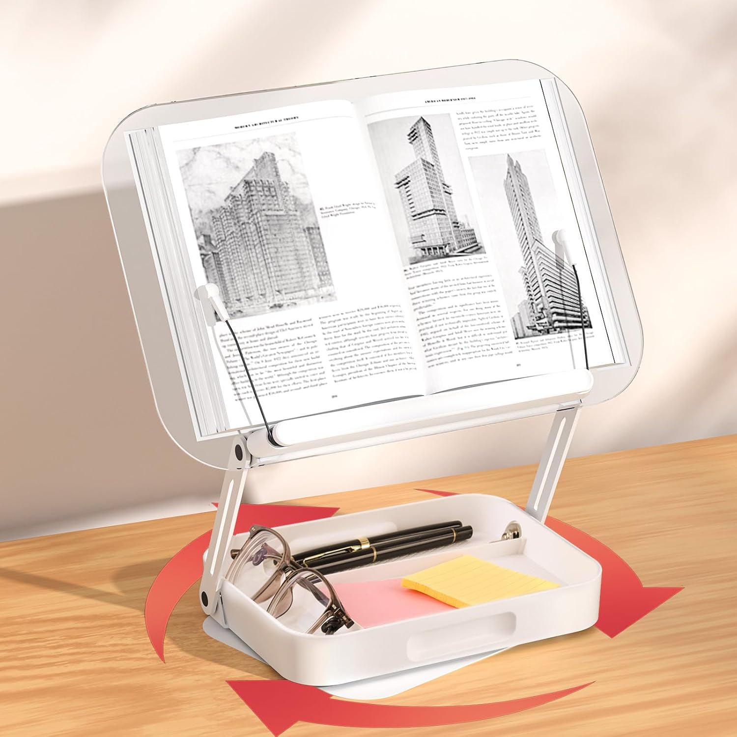 ASIEIT Soporte de libro para lectura con almacenamiento, soporte de libro ajustable de acrílico con bases giratorias de 360 y clips elásticos para