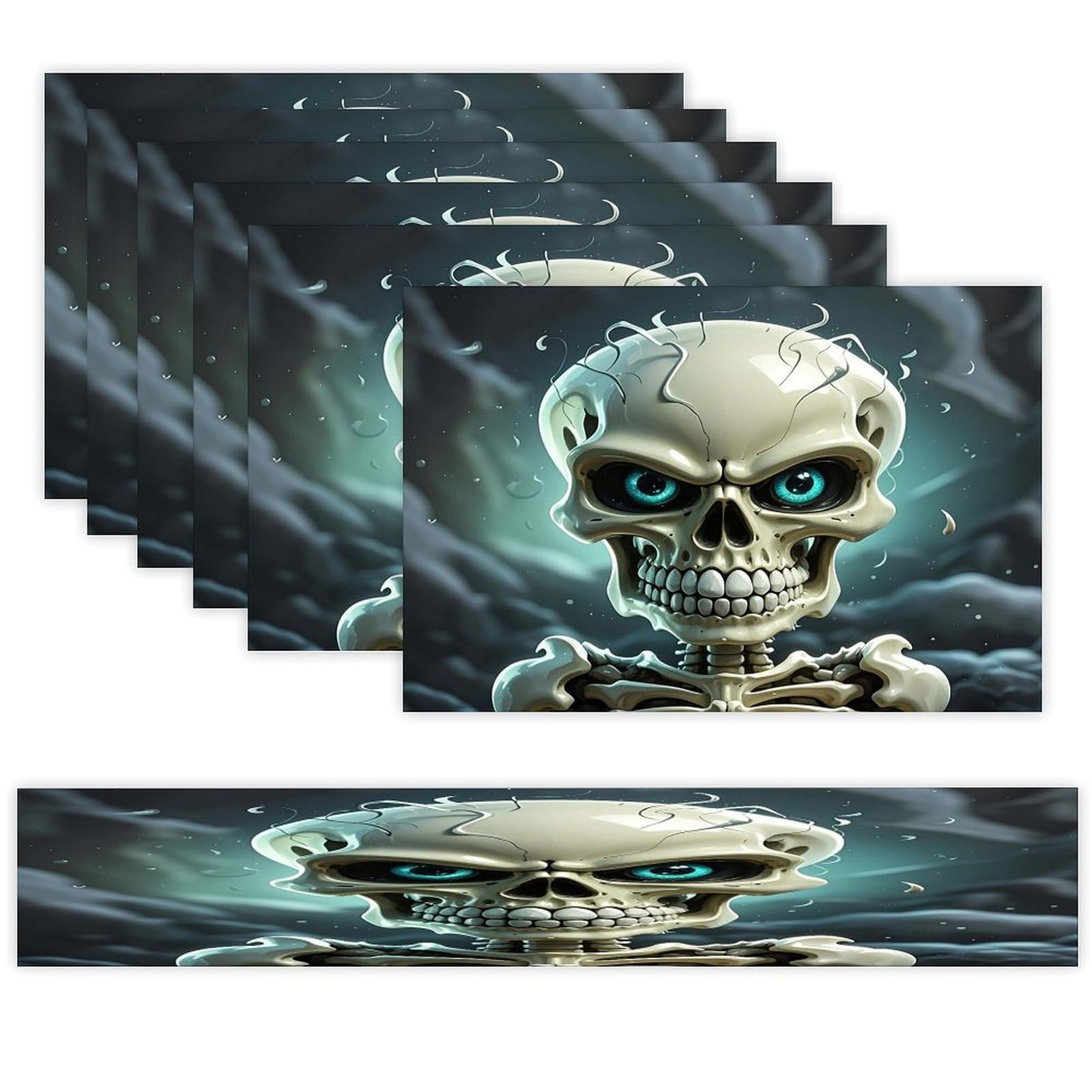 Cute Skull Table Runner and Placemats Set of 7 Linen Table Mat Non-Slip Place Mats Washable Placemat Heat Resistant Place Mat with Table Runner for Party Dining Decor