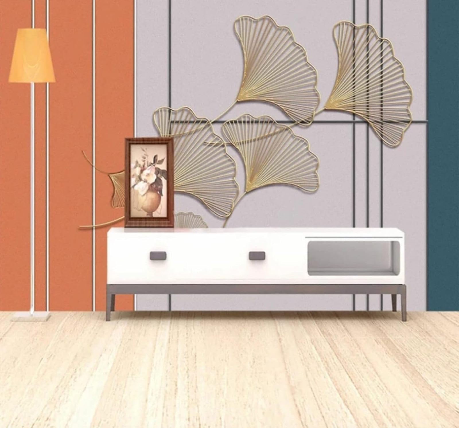 Wallpaper-3D-Xlm 250Cm×170Cm(B×H) Luxury Geometric Lines Gold Ginkgo Leaves 3D Wallpaper Easy Install Feature Office Living Room Sofa Bedroom Tv Background Wall Decoration-250Cm×170Cm
