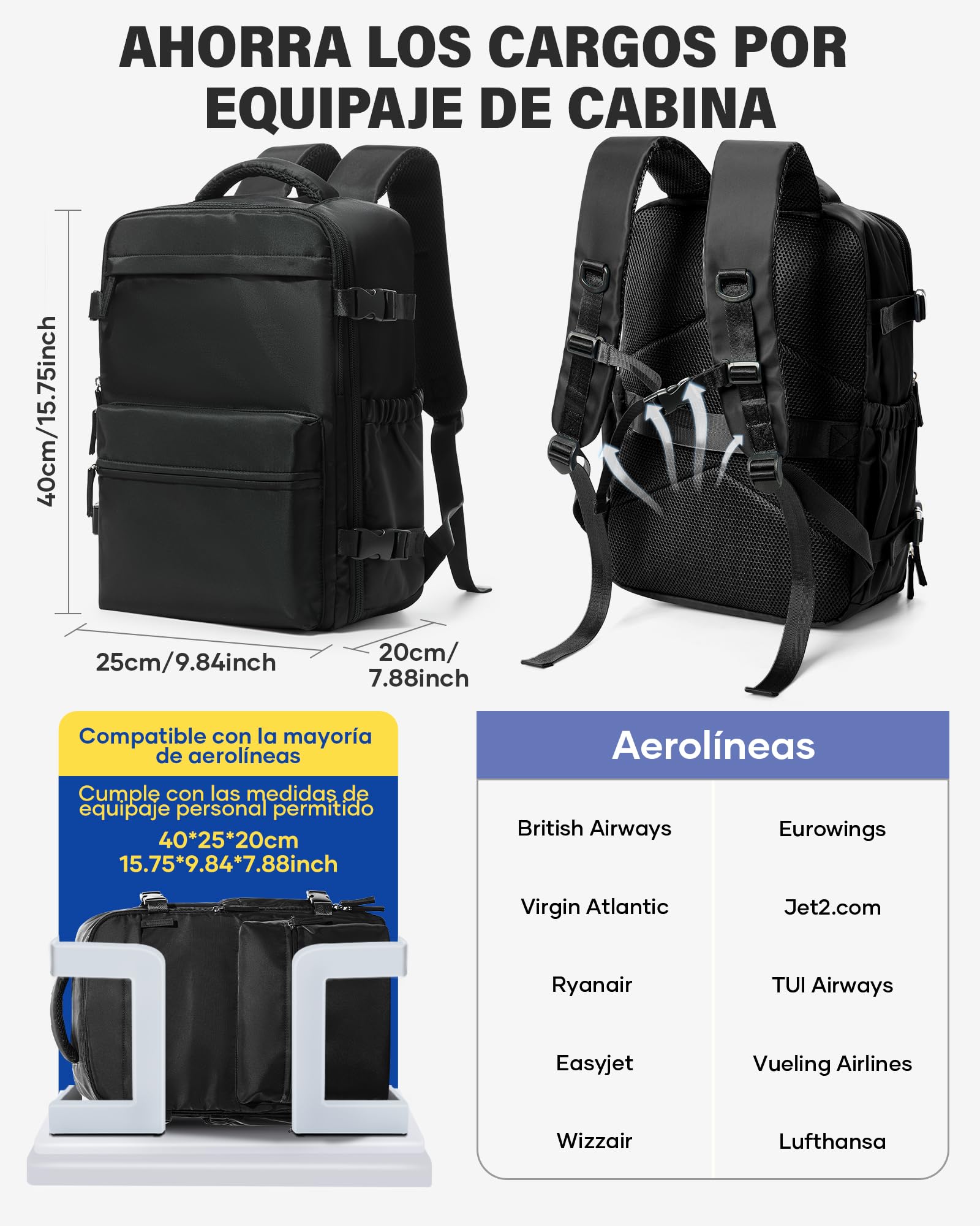 Mochila Viaje Cabina Avión 40x30x20 para Ryanair Mochilas de Vacío con Bomba Bolsa de Cabina 40x30x20 Equipaje de Mano Cabina Avión Mochila de Senderismo Impermeable Negro