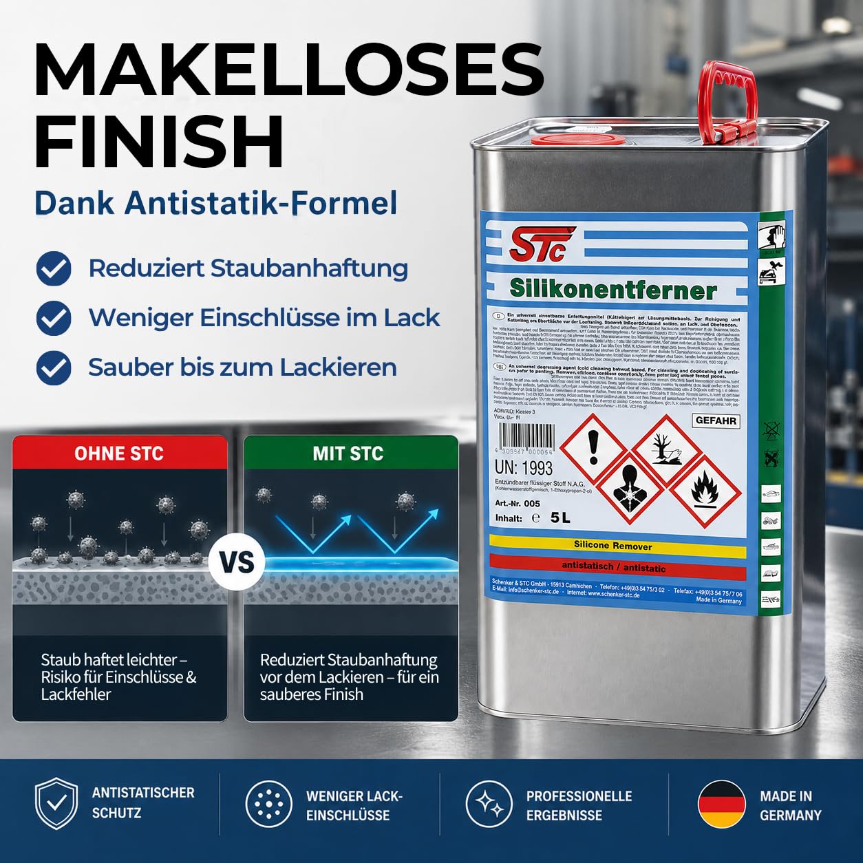 STC Silikonentferner 5L – antistatischer Silikonreiniger & Entfetter – professioneller Oberflächenreiniger für Autolack, Metall und Kunststoff – schnelltrocknend & rückstandsfrei – Made in Germany