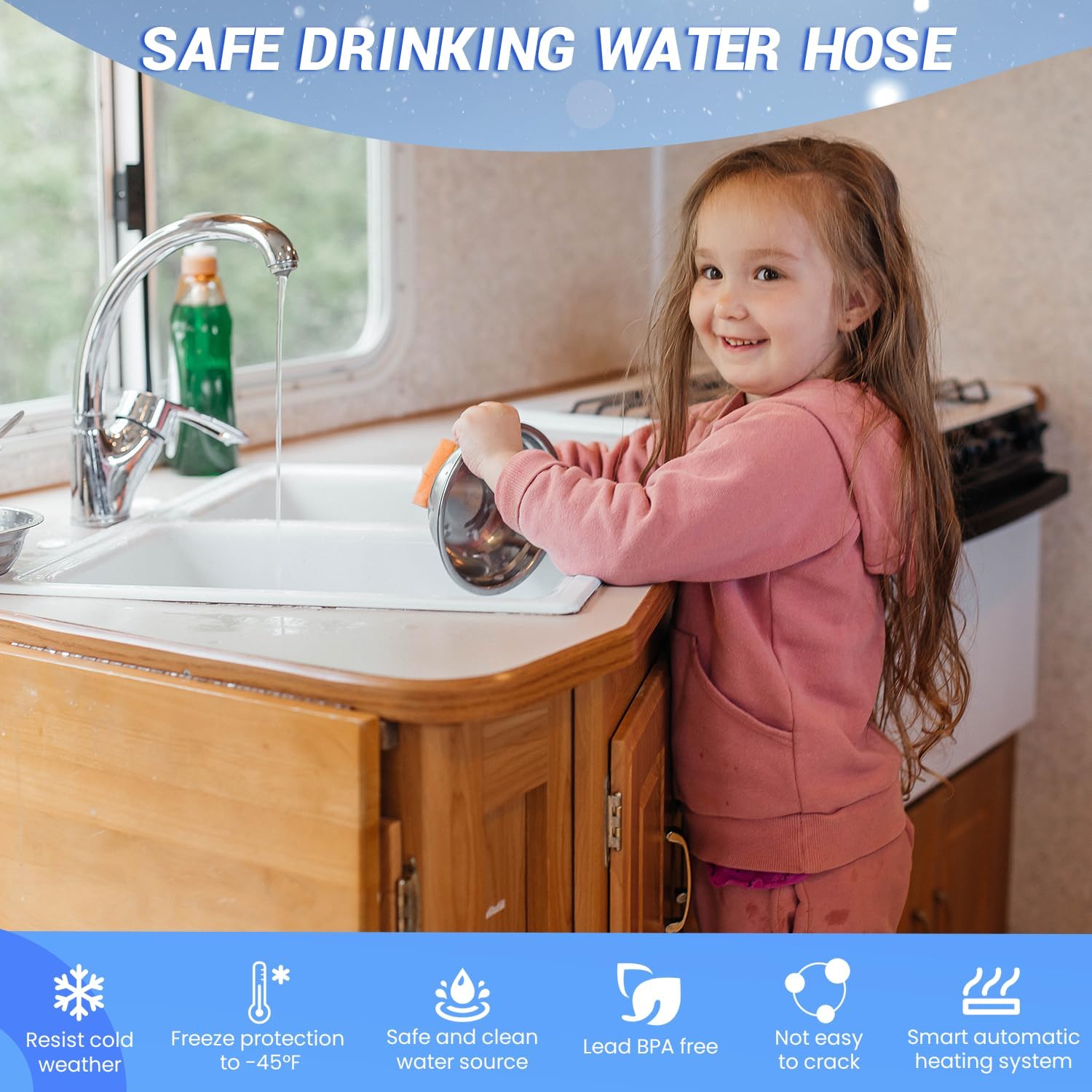 YOLENY 50FT Heated Water Hose for RV, -45°F Freeze Protection, Drinking Water Safe & BPA-Free, Energy Saving Thermostat, 5/8" ID Leak-Proof Fittings, Electric Heated Garden Hose for Camper