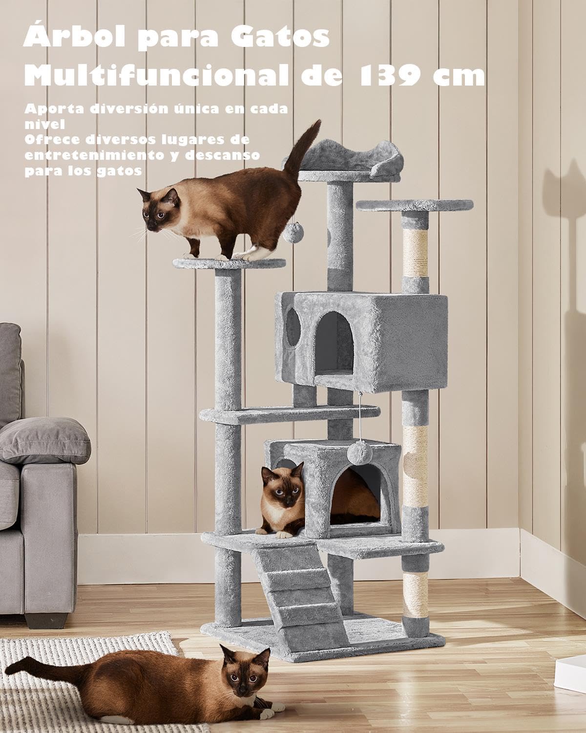 Yaheetech Árbol Rascador para Gatos 139cm con 3 Plataformas 2 Nidos 2 Pompones Torre de Escalador con Postes en Sisal Ideal para 3-4 Gatos Gris Claro