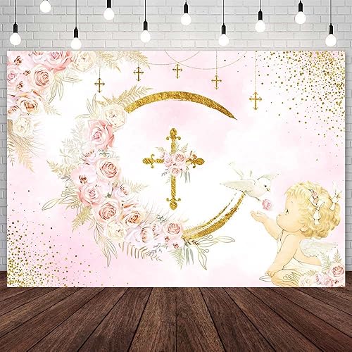 Telón de fondo Mi Bautizo de 7 x 5 pies para niña, decoración de fiesta de bautizo, decoración de fiesta de bautizo, pancarta de primera comunión