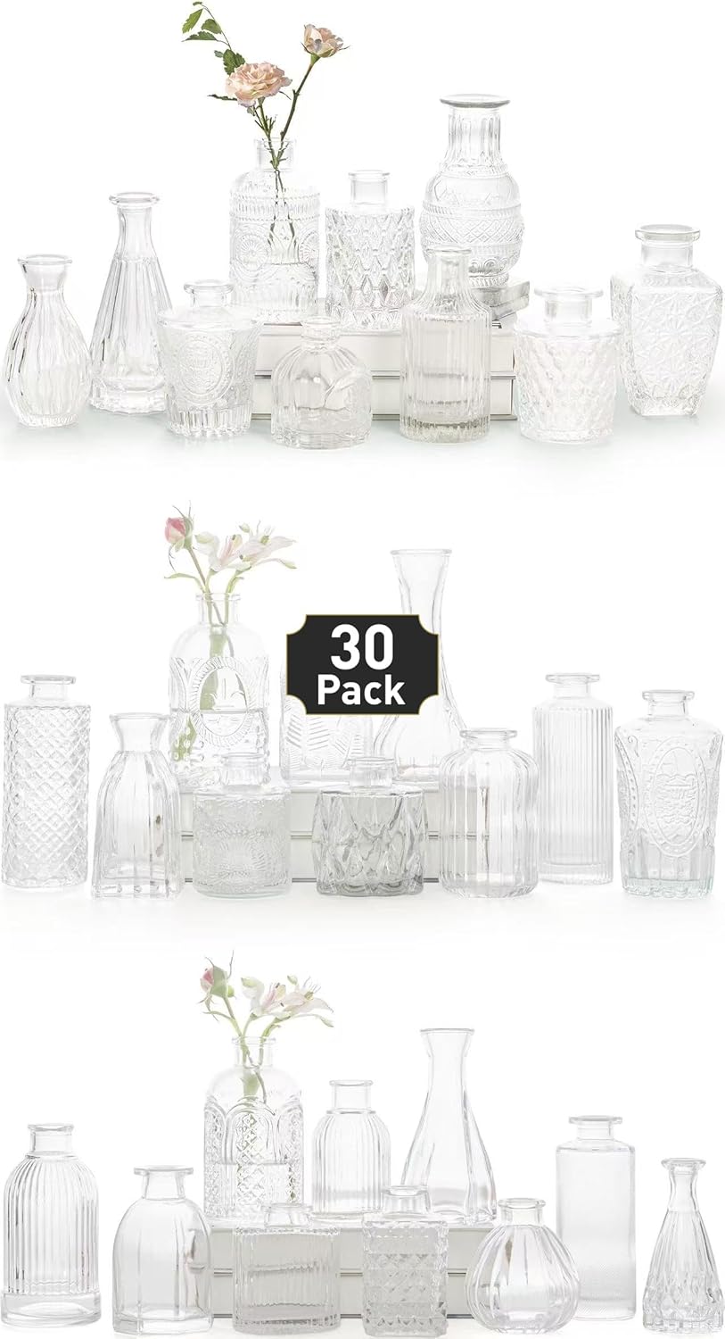 Glass Bud Vase Set of 30 - Small Vases for Flowers, Clear Bud Vases in Bulk, Cute Glass Vases for Centerpieces, Mini Vintage Vase for Rustic Wedding Decorations, Home Table Flower Decor