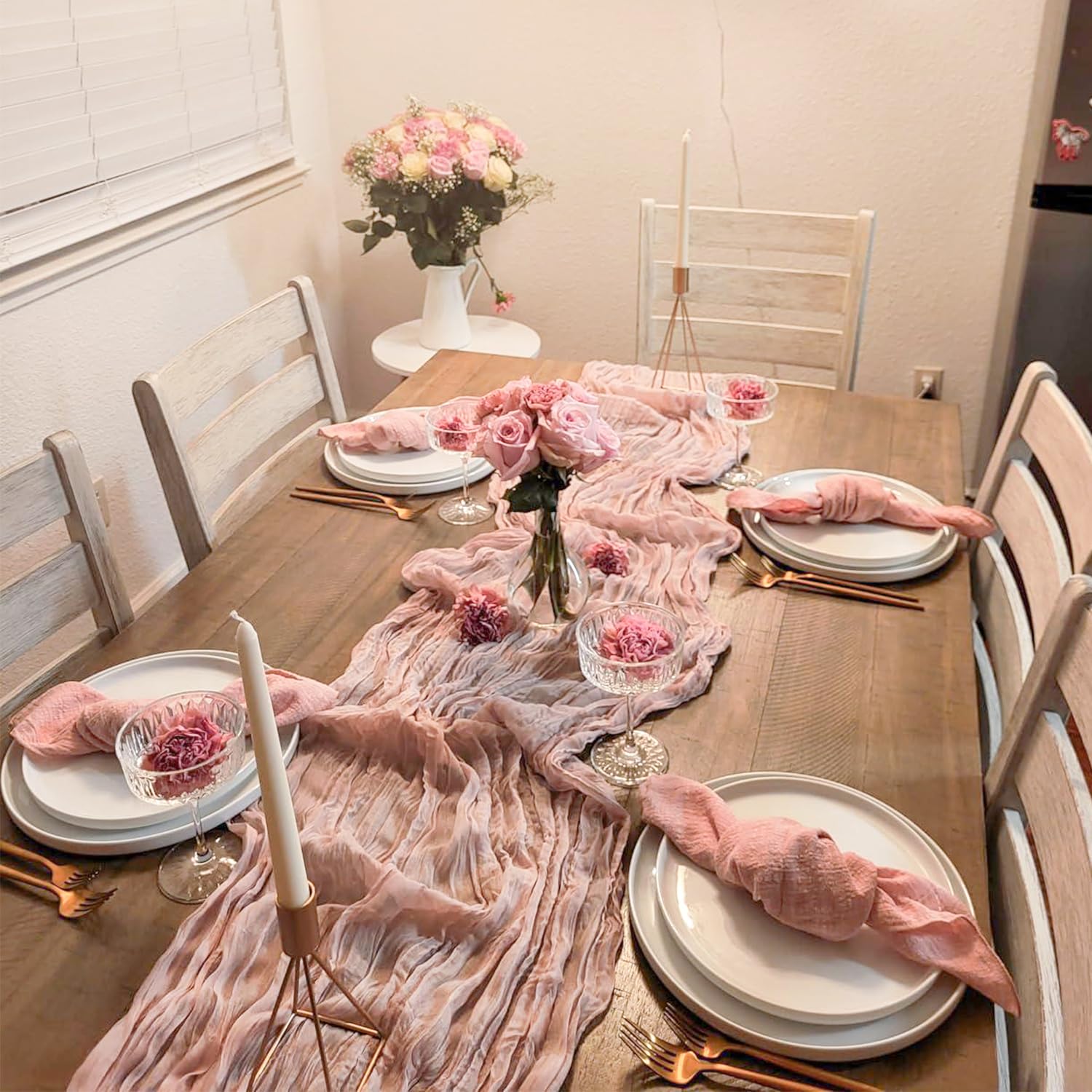 Paquete de 10 caminos de mesa de gasa rosa polvoriento, camino de mesa de gasa de 10 pies, camino de mesa rústico, bohemio, romántico, para boda, decoración de mesa para novia, baby shower,