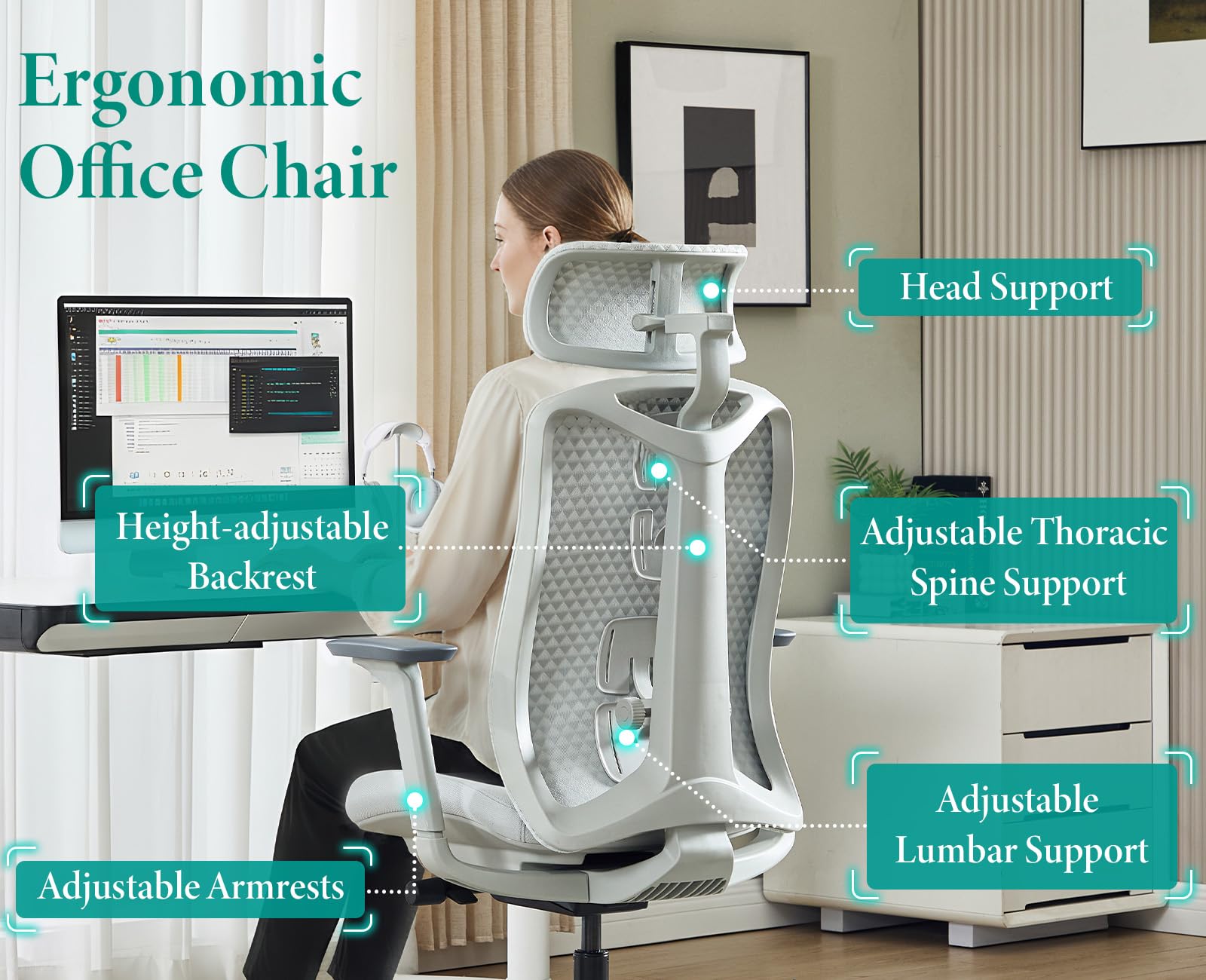 Ergonomiczne krzesło biurowe z regulowanym zagłówkiem, podparcie lędźwiowe, podnoszony podłokietnik, obrotowe krzesło komputerowe do domu, nauki, pracy (szary)