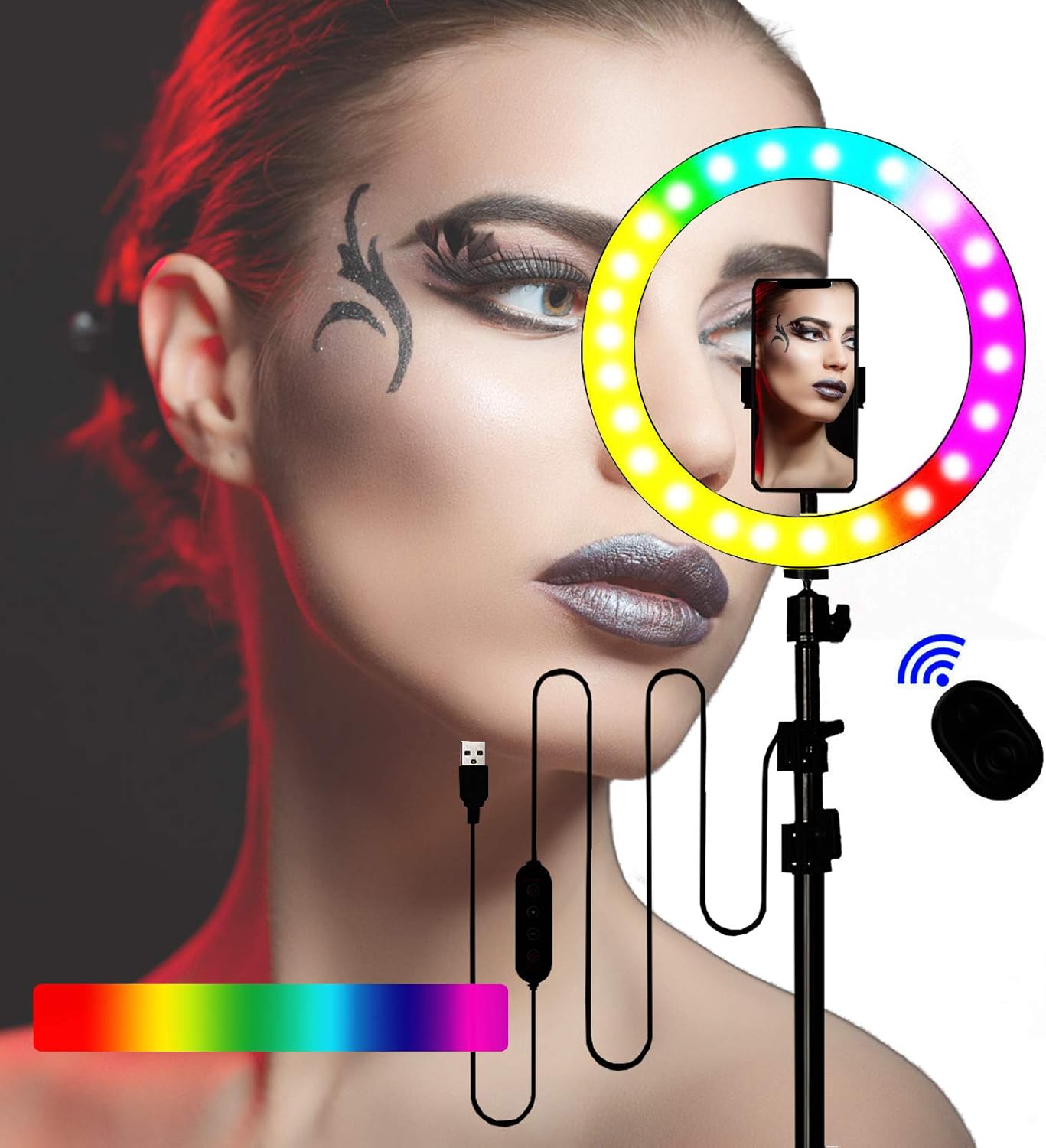 12" Selfie Ring Light with Tripod and Mobile Phone Holder RGBIC RGB Led Light, 26 Modes Switching, with Camera Remote Shutter, for Live Streaming/Makeup/YouTube Video/Studio/Shooting