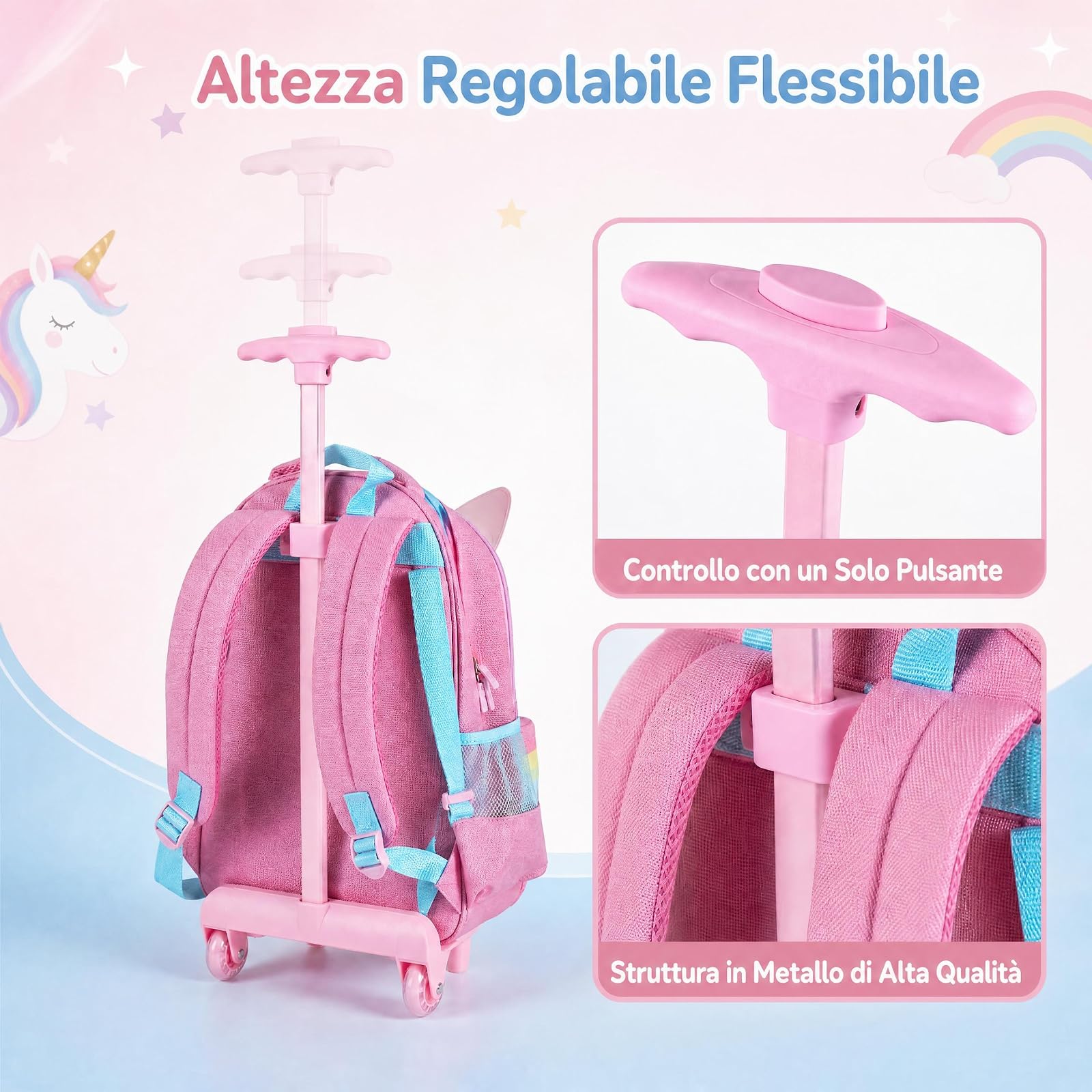COSTWAY Set di 3 Zaini con Ruote per Bambini 3+ Anni (Modello 2) | 3 in 1 Zaino Trolley da Scuola con Borsa per Pranzo e Astuccio per Matite, Maniglia Retrattile e Portabicchieri Laterale