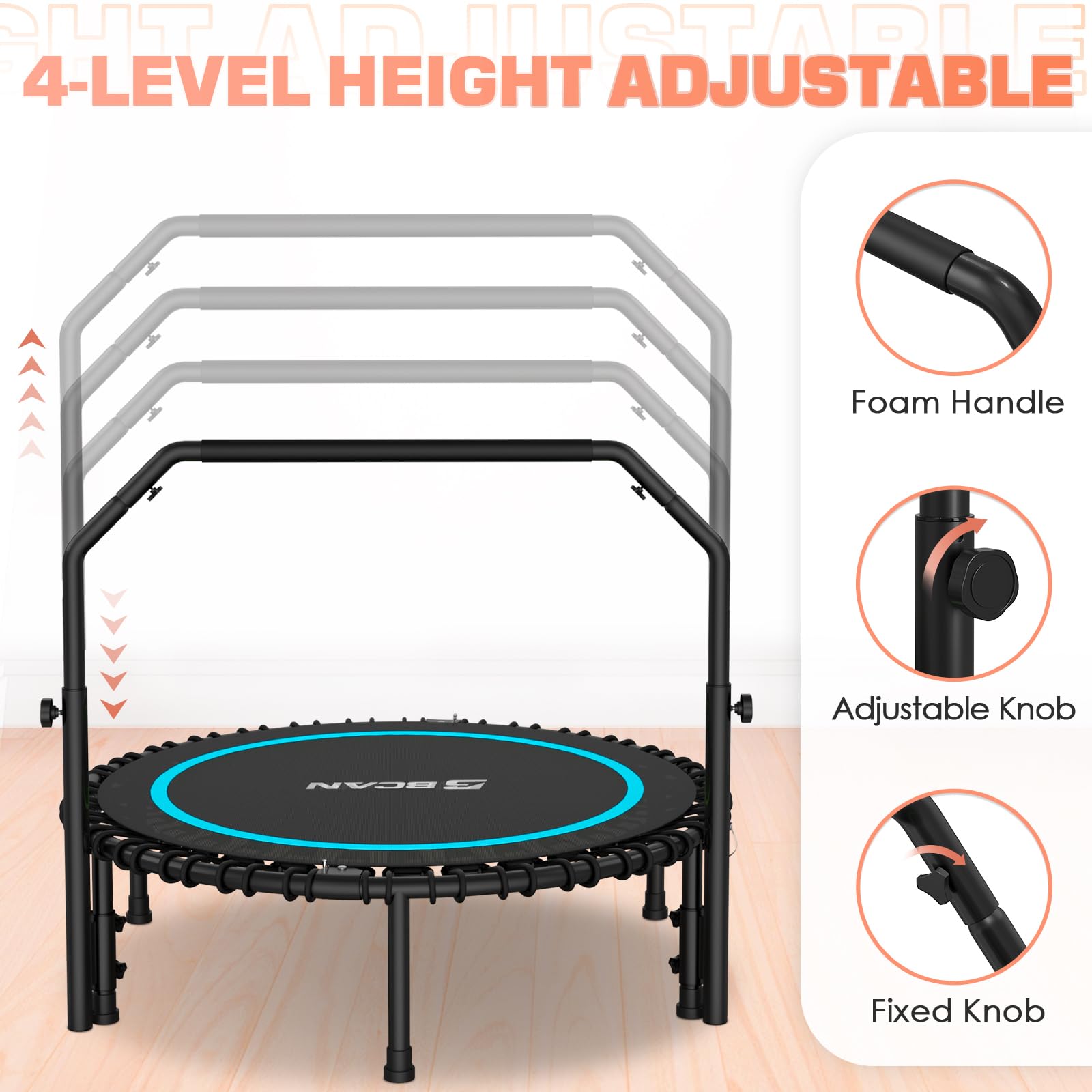 BCAN 450/550 LBS Foldable Mini Trampoline, 40"/48" Fitness Trampoline with Bungees, U Shape Adjustable Foam Handle, Stable & Quiet Exercise Rebounder for Adults Indoor/Outdoor Workout: 40IN 40-BLUE