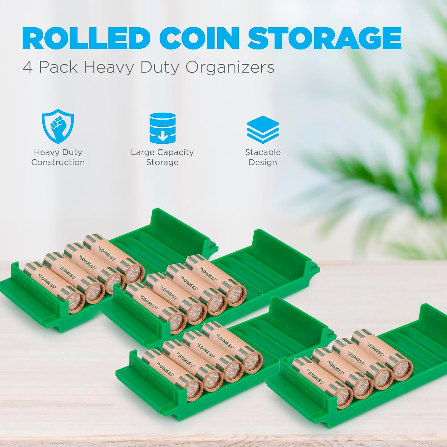 Rolled Coin Storage Organizer, Coin Wrappers Storage Coin Tray Set | Stackable for Optimal Storage | Color Coded Trays | Dimes - 4 Pack