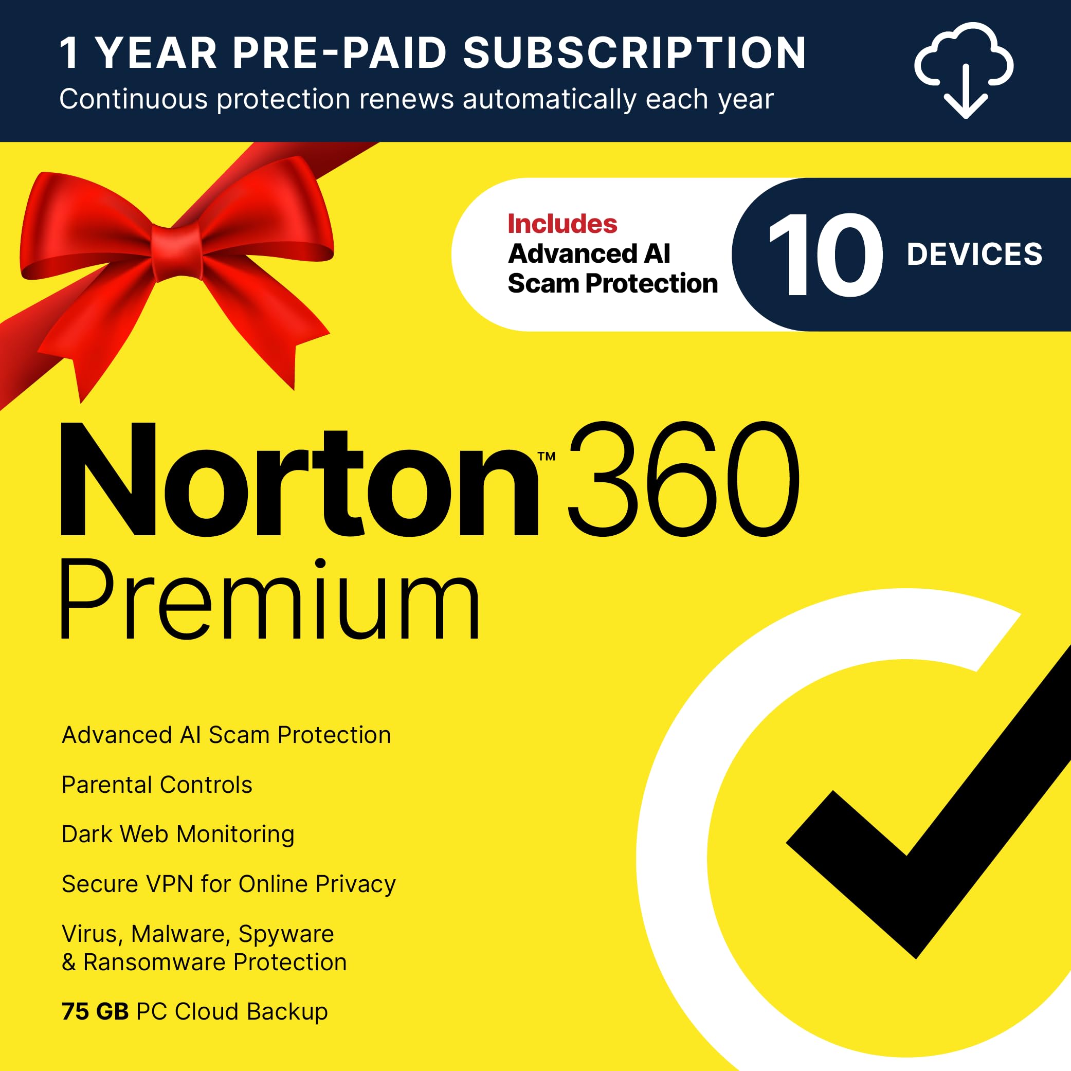 Norton 360 Premium 2026 Ready, Antivirus software for 10 Devices with Auto-Renewal – Includes Advanced AI Scam Protection, VPN, Dark Web Monitoring & PC Cloud Backup [Download]