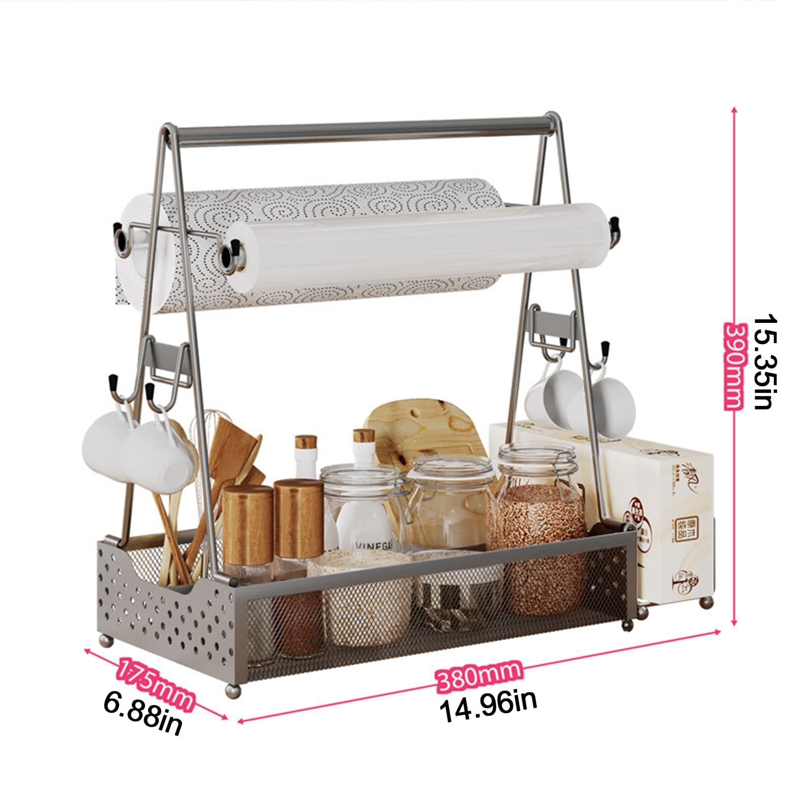 Gewürzdose für Den Grill BBQ Picknick Utensilien Organizer mit Griff und Papierhandtuchrollenhaltern Griddle Camping-Körbe für Outdoor-Küche, Buffet, Party (Color : Silver)