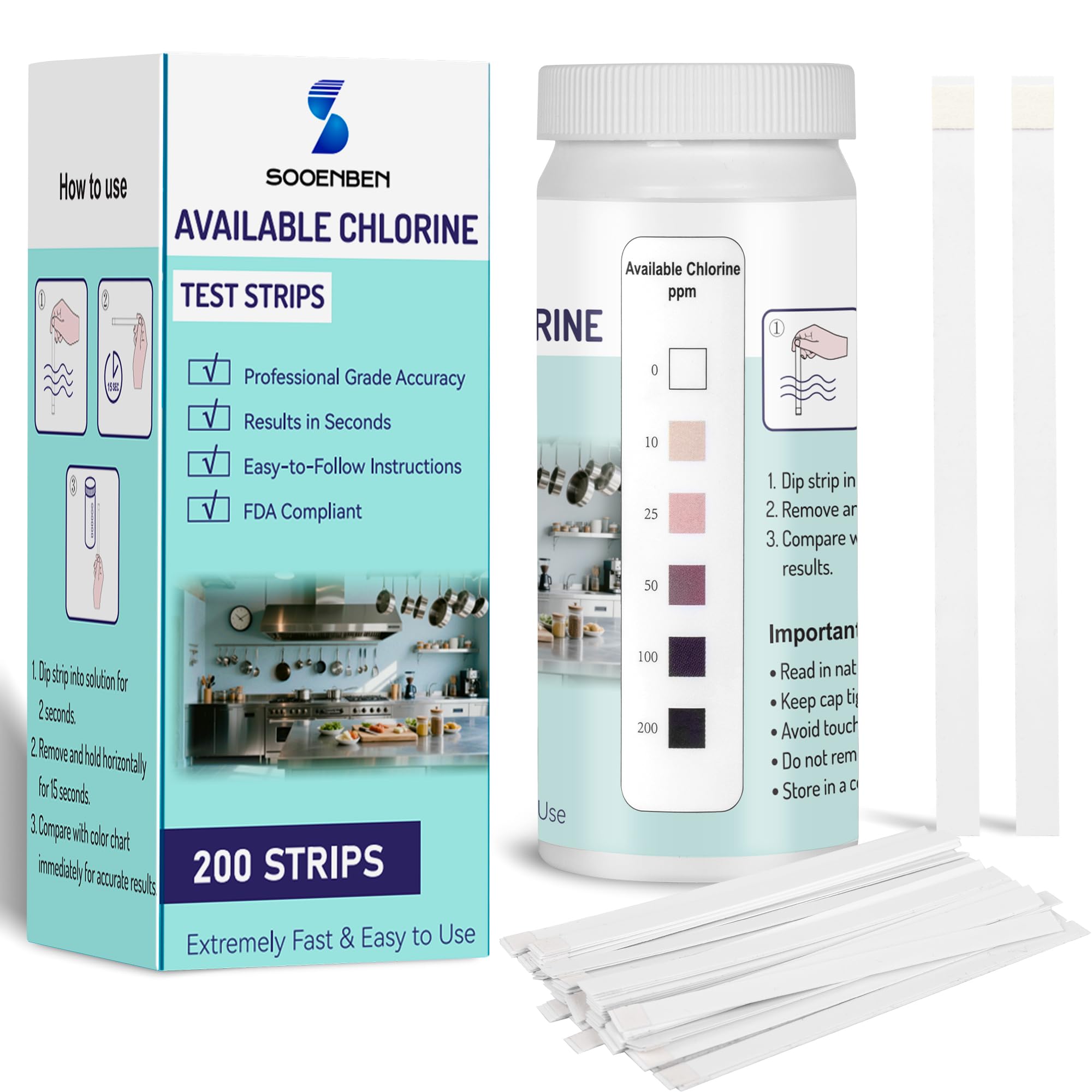 Chlorine Test Strips - 200 Pack for Restaurants & Food Service -1