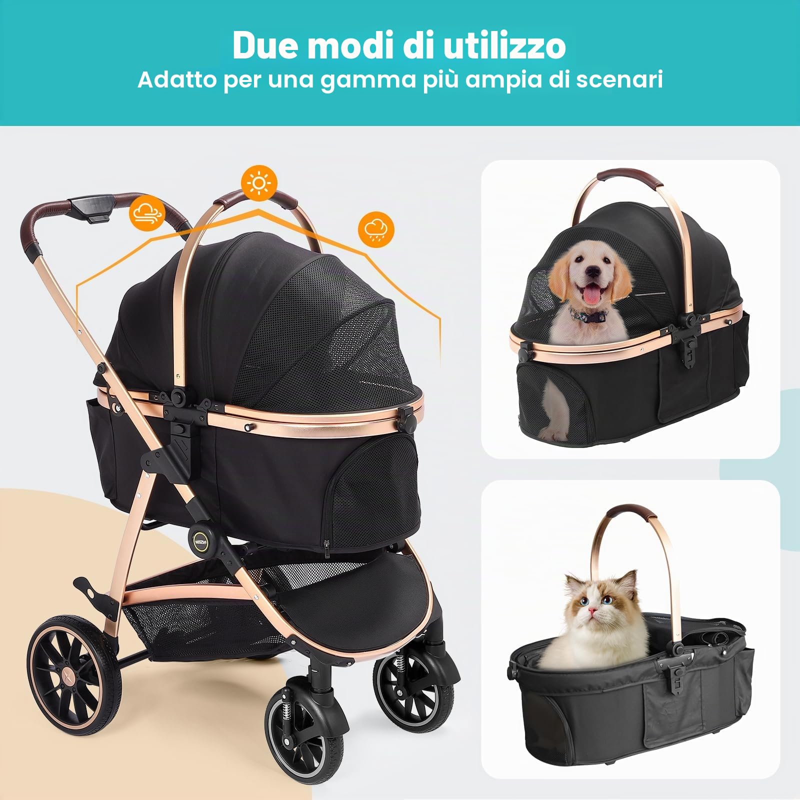 Passeggino per Cani 4 in 1 fino 25 Kg,Telaio in alluminio anodizzato 100% pieghevole,ruote gomma schiumosa 360°,Staccabili,adatto per cani e gatti di medie e piccole taglie, Marrone