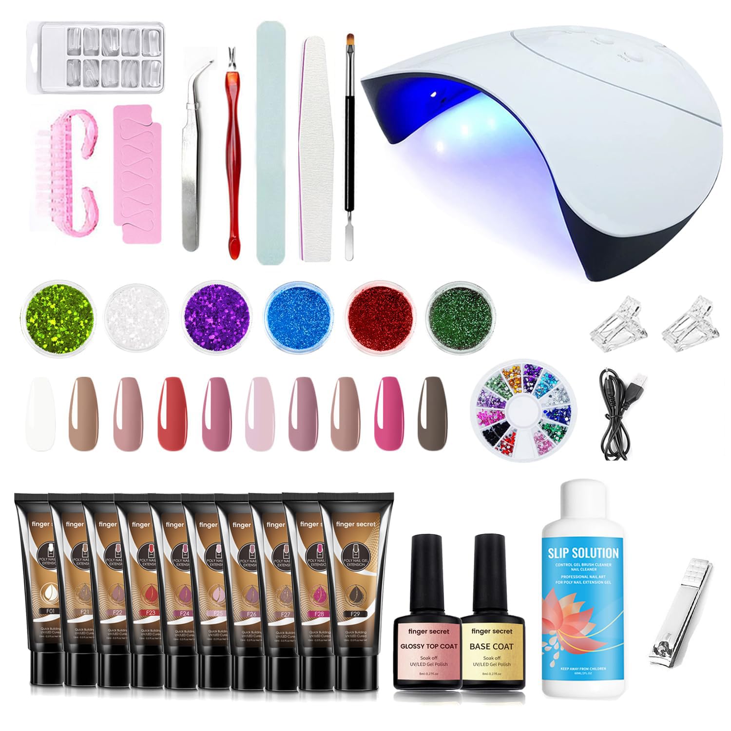 Poly Extension Gel Nail Kit - Professional Nail Gel Set with Slip Solution and Lamp Nail Art Design Beginner,All-in-One French Kit,Nail Thickening Solution (Package 4)