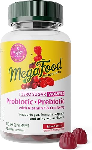 MegaFood Gomitas probióticas + prebióticas para mujer, prebióticos y probióticos sin azúcar para mujeres, vitamina C y arándano, apoya la salud
