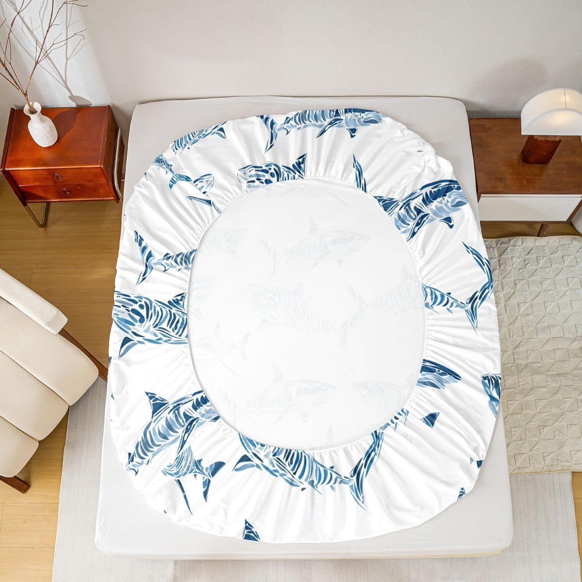 Shark Bed Sheets Queen Ocean Life Fitted Sheet for Child Boys Blue Watercolor Hand Drawn Cartoon Sharks Bed Set Underwater Sea Wild Animals Fish Room Decor Marine Life Bedding Set