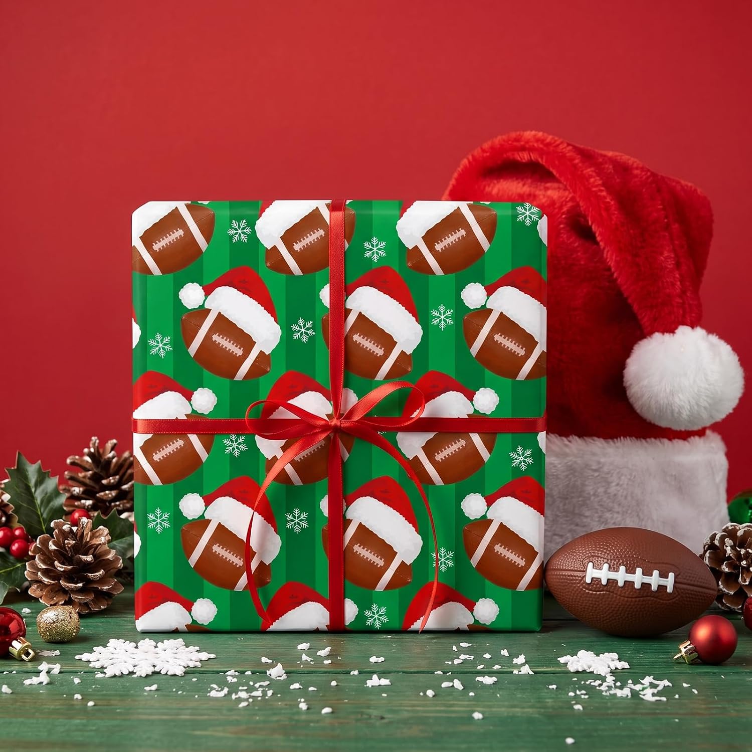 RUSPEPA Christmas Football Wrapping Paper Roll, Mini Roll, Green Football with Santa Hat and Snowflake Design Gift Wrap Paper for Boys, Teens, Sports Fans, Xmas Holiday Party, 17 Inch x 16.4 Feet image 3