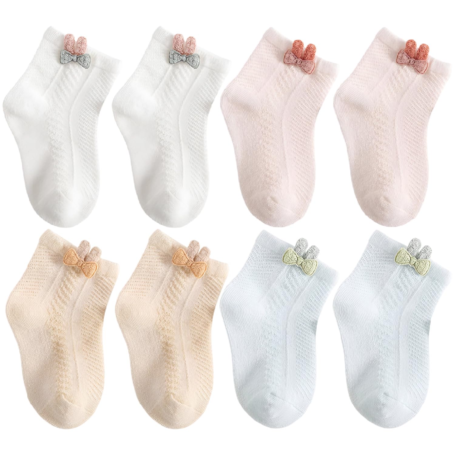 4-Pairs Baby Socks Set Mesh Short Cotton with Rabbit and Bunny Cartoon Pattern for Ages 1-3 Years (White, Pink, Khaki, Green)-image-40