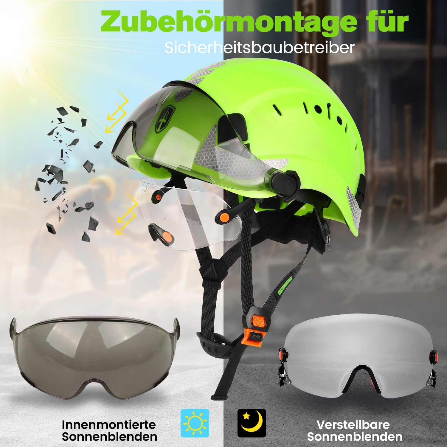 GREEN DEVIL Mervex Vent Ultimate Set - EN397 & EN166 zertifizierter Industrieschutzhelm mit Doppelvisier (außen getönt/innen klar) + Shield LD Bluetooth Gehörschutz + Intelligente Helmleuchte
