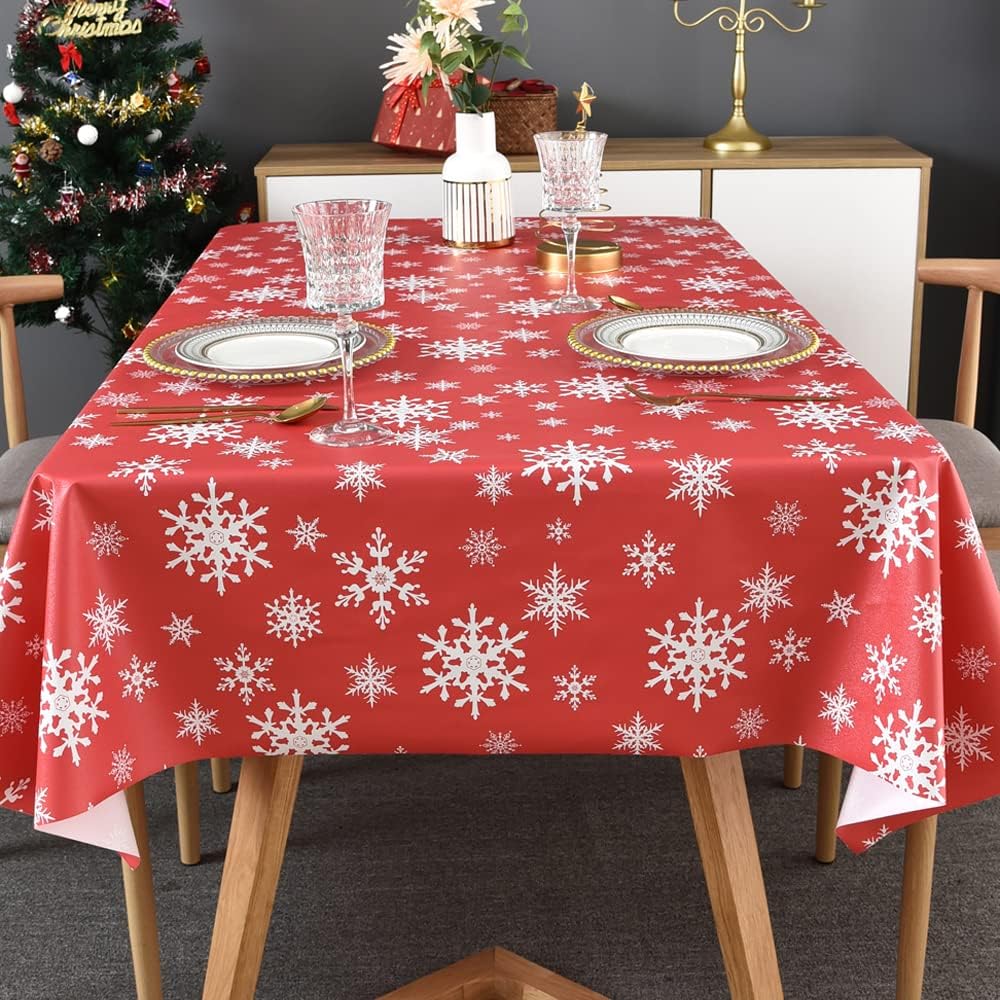 TruDelve Plastic Christmas Tablecloth Rectangle Red Vinyl Christmas Table Cloth Oblong Xmas Table Cover with Snowflake for Party (54'' x 72'', Snowflake) 72" x 54" (Rectangular) Red
