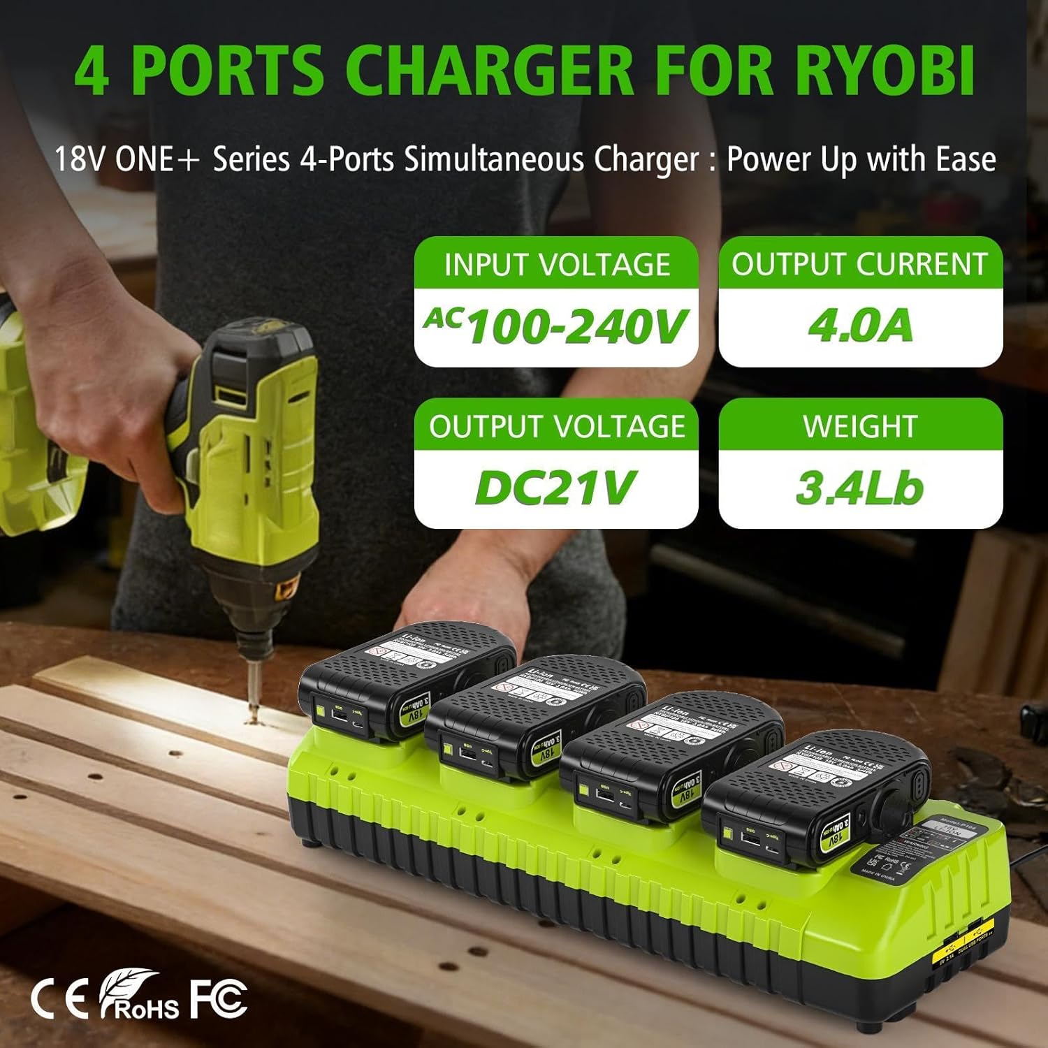 Abeden Replace Ryobi 18V Battery Charger,P117 Dual-Port Simultaneous Charger for Ryobi 12V-18V One+ Lithium Battery P100 P102 P103 P105 P107 P108 P190 PBP005 PBP006 PBP2005