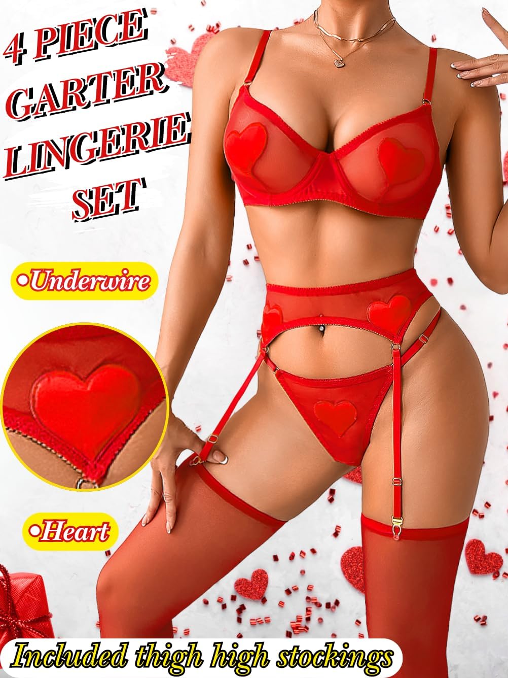 Kaei&Shi Sexy Valentines Lingerie,4 Piece Sheer Mesh Heart Lingeries,Garter Belt and Thigh Highs Set Vday Boudoir Honeymoon
