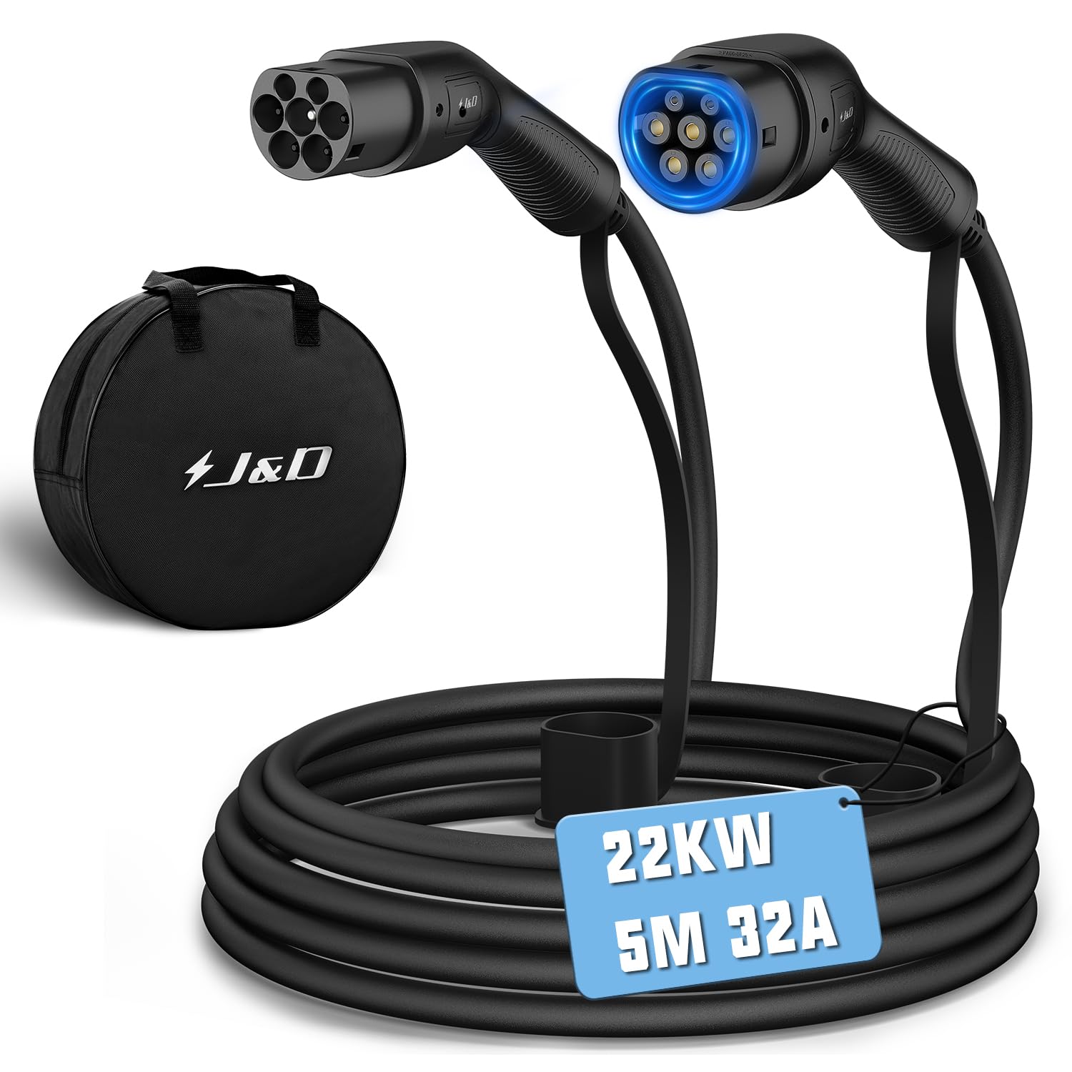 J&D Cable de carga tipo 2, modo 3 / 32 A / 22 kW / 3 fases / 5 metros, modo 3 tipo 2 EV cable de carga para coche eléctrico con bolsa de transporte compatible con modelos S/3/X/Y e-Golf ID.3 i3/i8